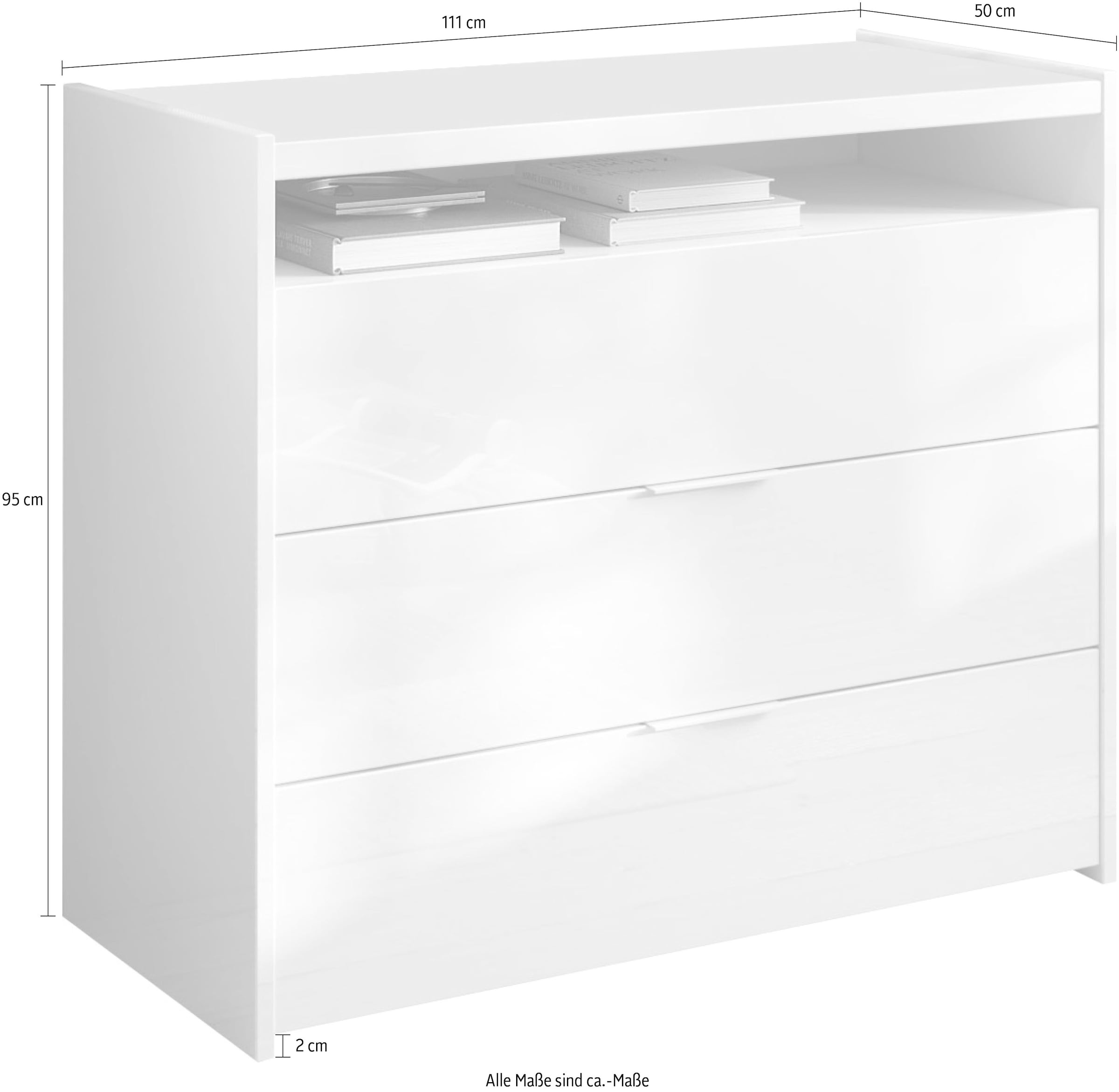 INOSIGN Kommode »Malmo, Schubkastenkommode B/T/H 111/50/95 cm, mit 3 Schubkästen,«, offene Ablage, Top 22 mm stark, Metallgriff, Weiss Hochglanz Lack