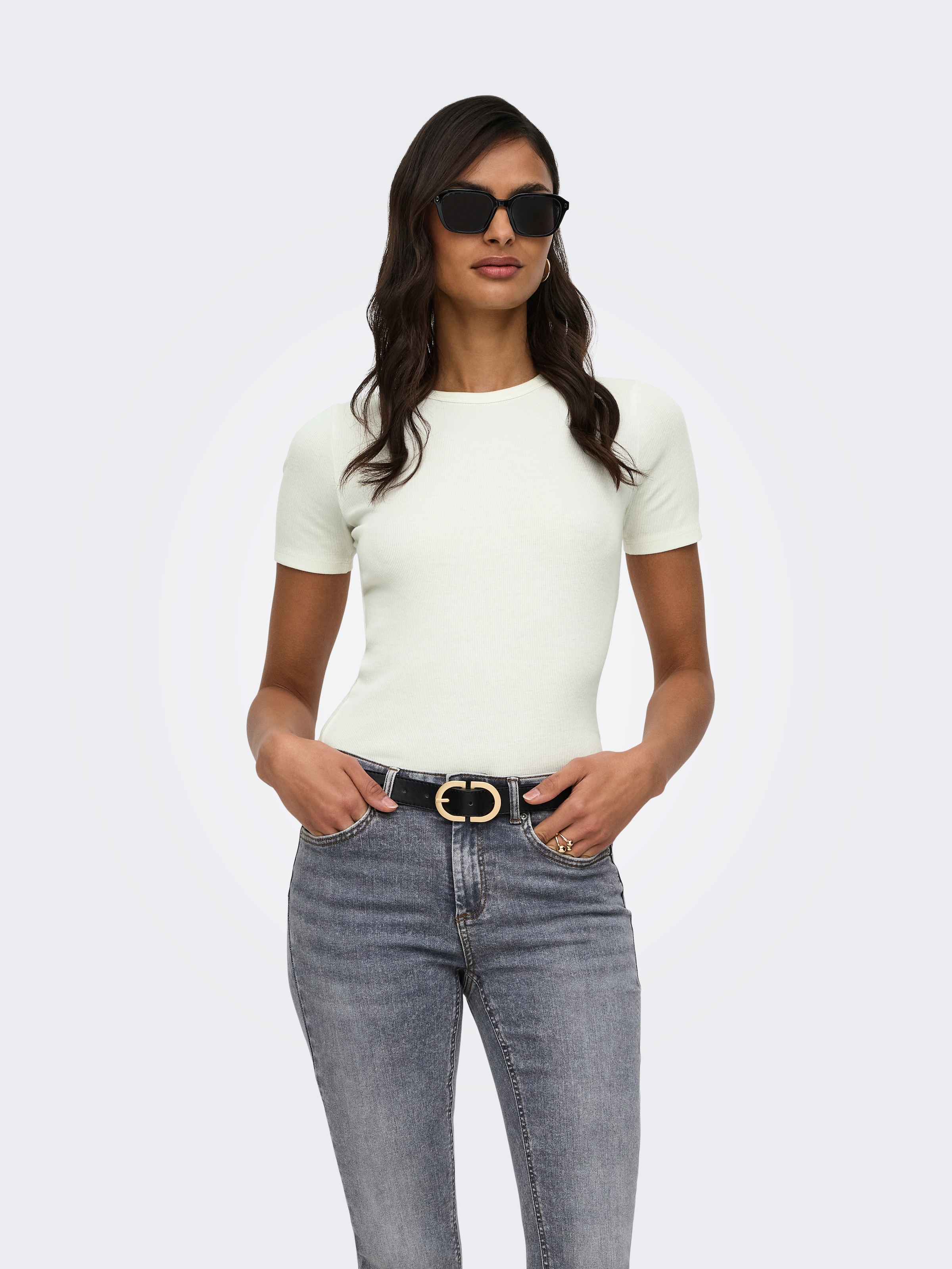 JDY Kurzarmshirt "JDYLUCKY S/S O NECK TOP JRS DIA" Baumwollmischung, slim fit