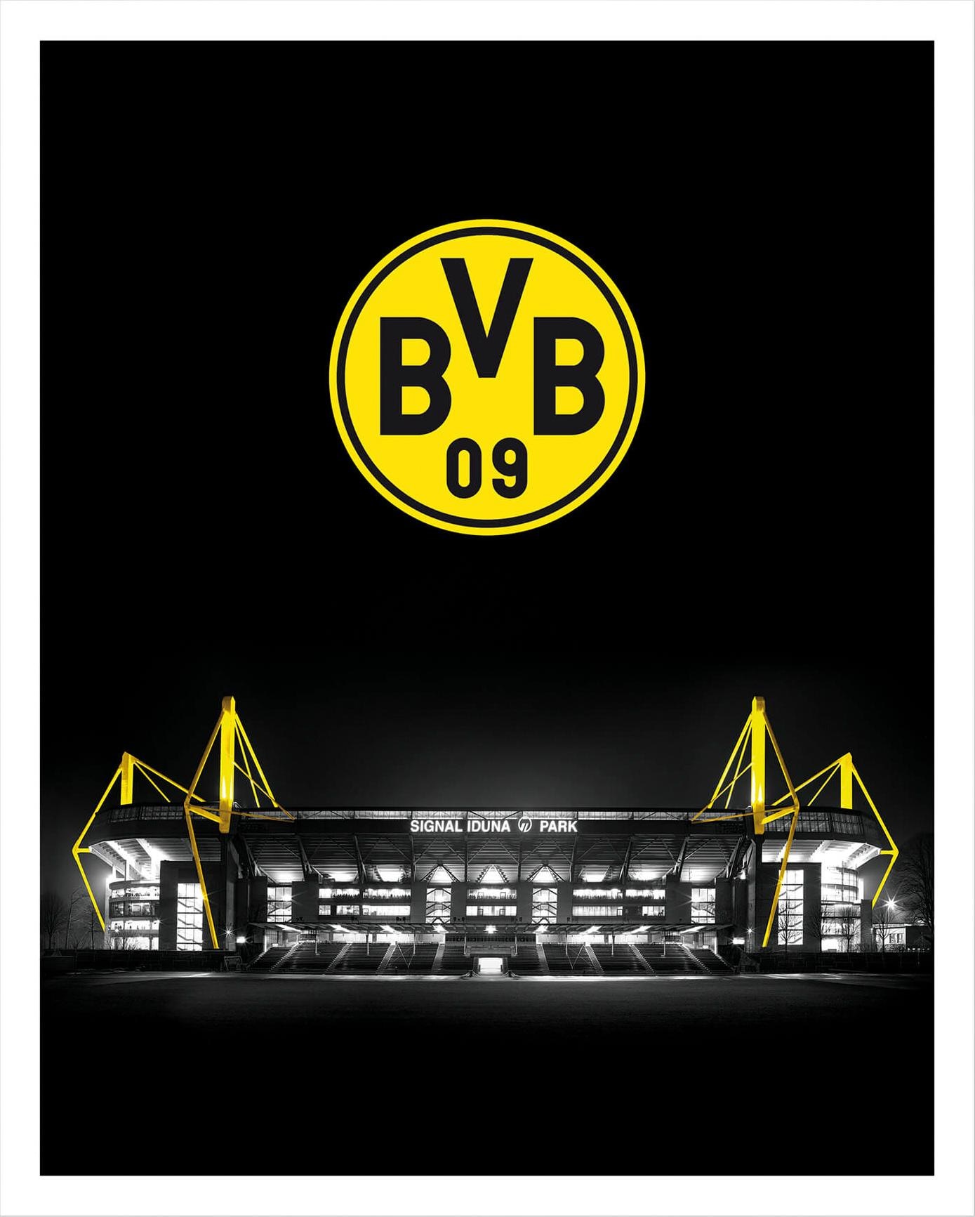 Poster »BVB Signal Iduna Park bei Nacht Emblem«, Schriftzug