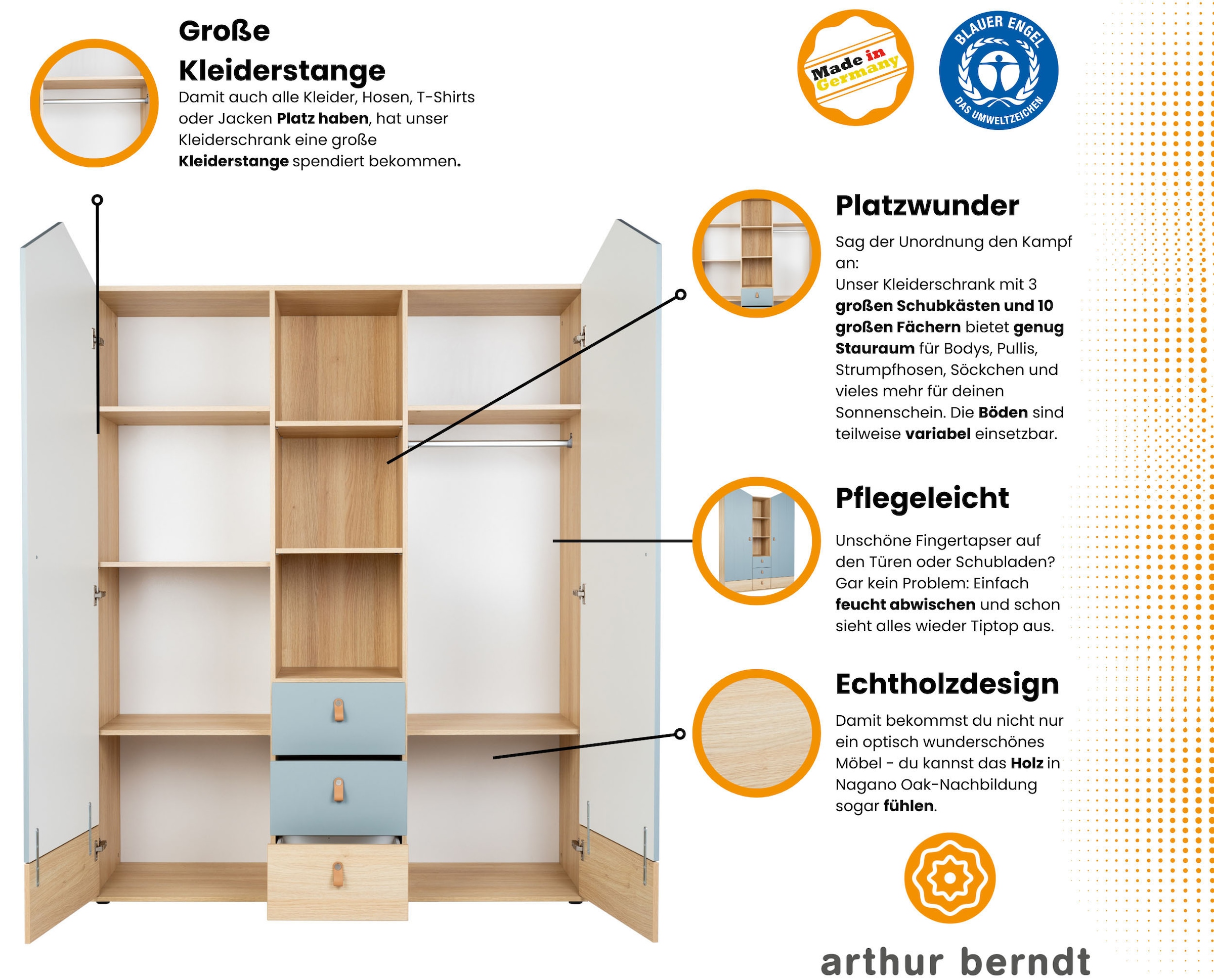 arthur berndt Kinderkleiderschrank »Kleiderschrank »Roofy« 2-türig mit Soft-Close-Funktion«, Soft-Close Funktion