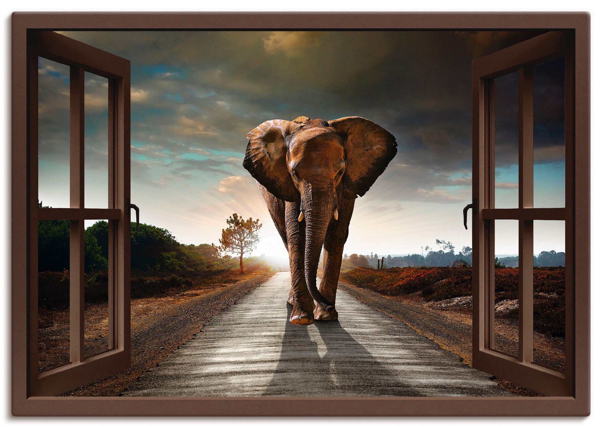 Artland Wandbild »Elefant auf Straße«, Fensterblick, (1 St.), als  Leinwandbild, Wandaufkleber oder Poster in versch. Größen bestellen | BAUR | Kunstdrucke