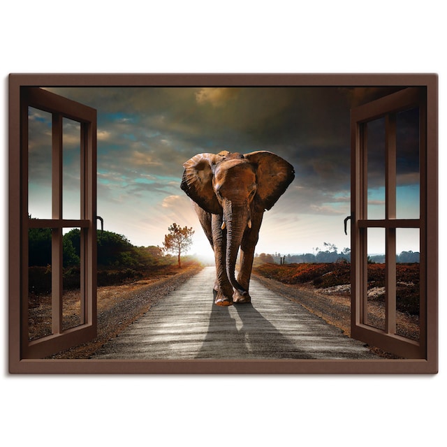 Artland Wandbild »Elefant auf Straße«, Fensterblick, (1 St.), als  Leinwandbild, Wandaufkleber oder Poster in versch. Größen bestellen | BAUR