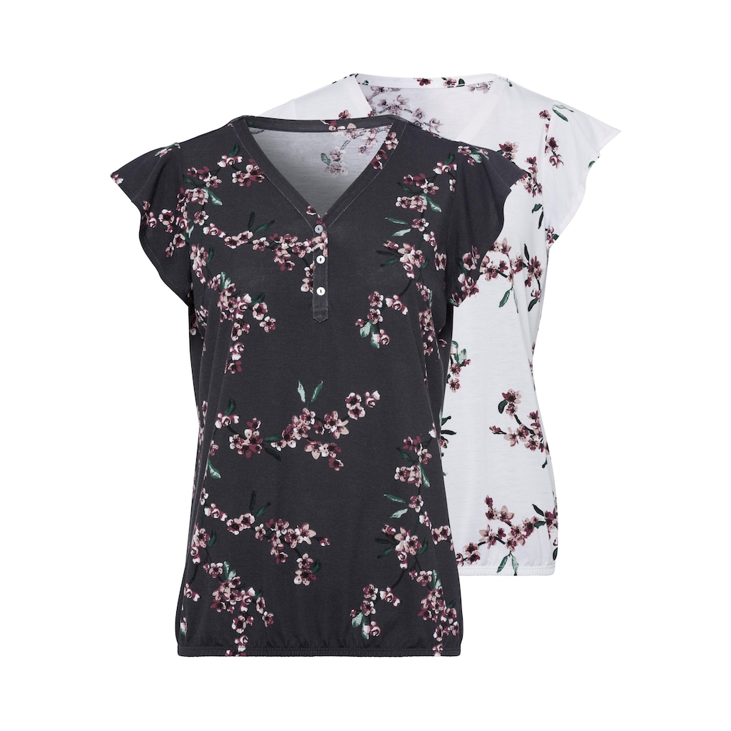 LASCANA Shirttop, (2 tlg., 2er-Pack), mit kleinen Flügelärmelchen und floralem Druck