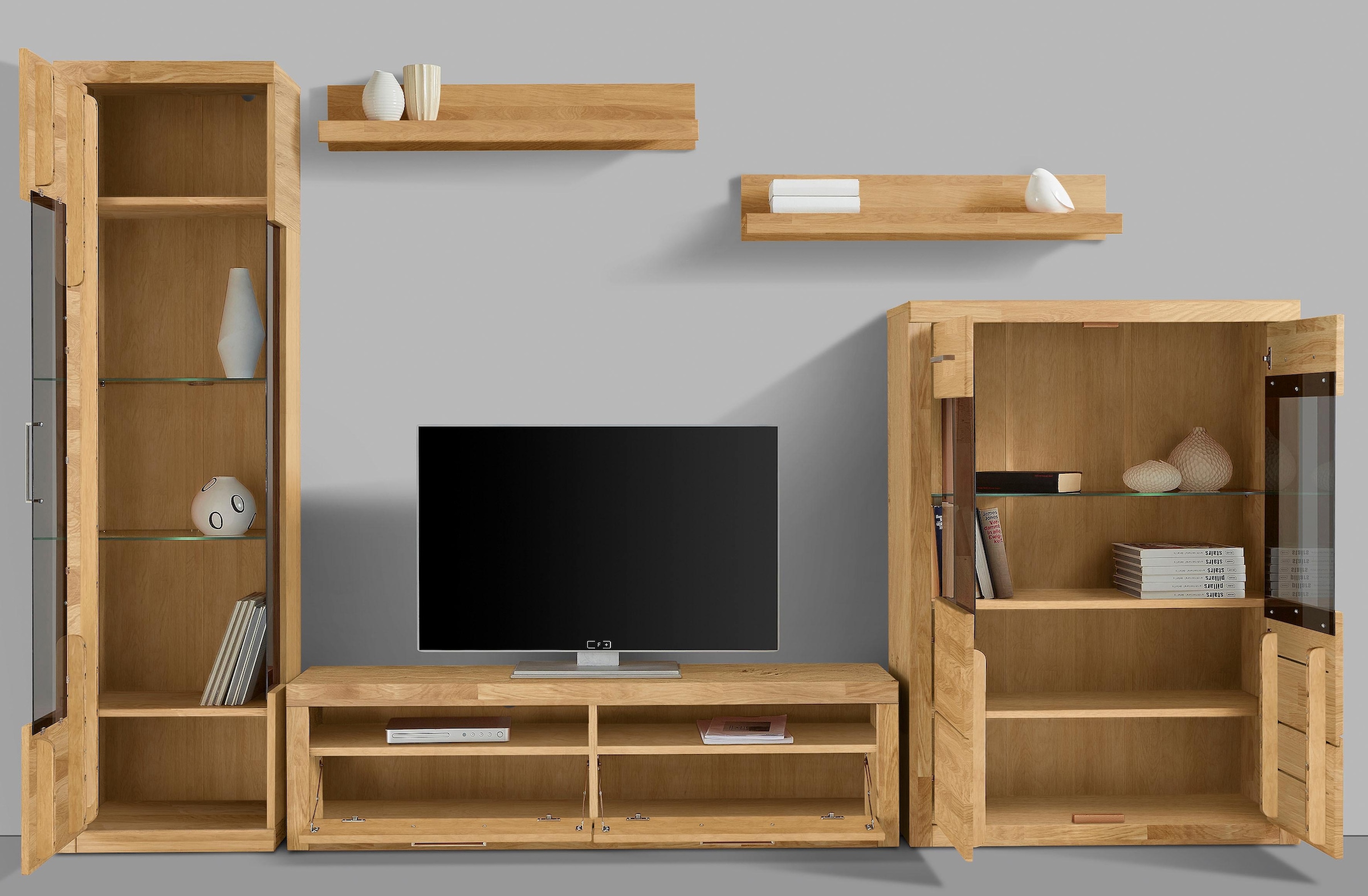 Home affaire Wohnwand »Ribe,Fronten Massivholz,Korpus Holzwekstoff,viel Stauraum«, (Set, 5 St.), Glaseinsatz aus gehärtetem Glas,Böden teilweise versetzbar