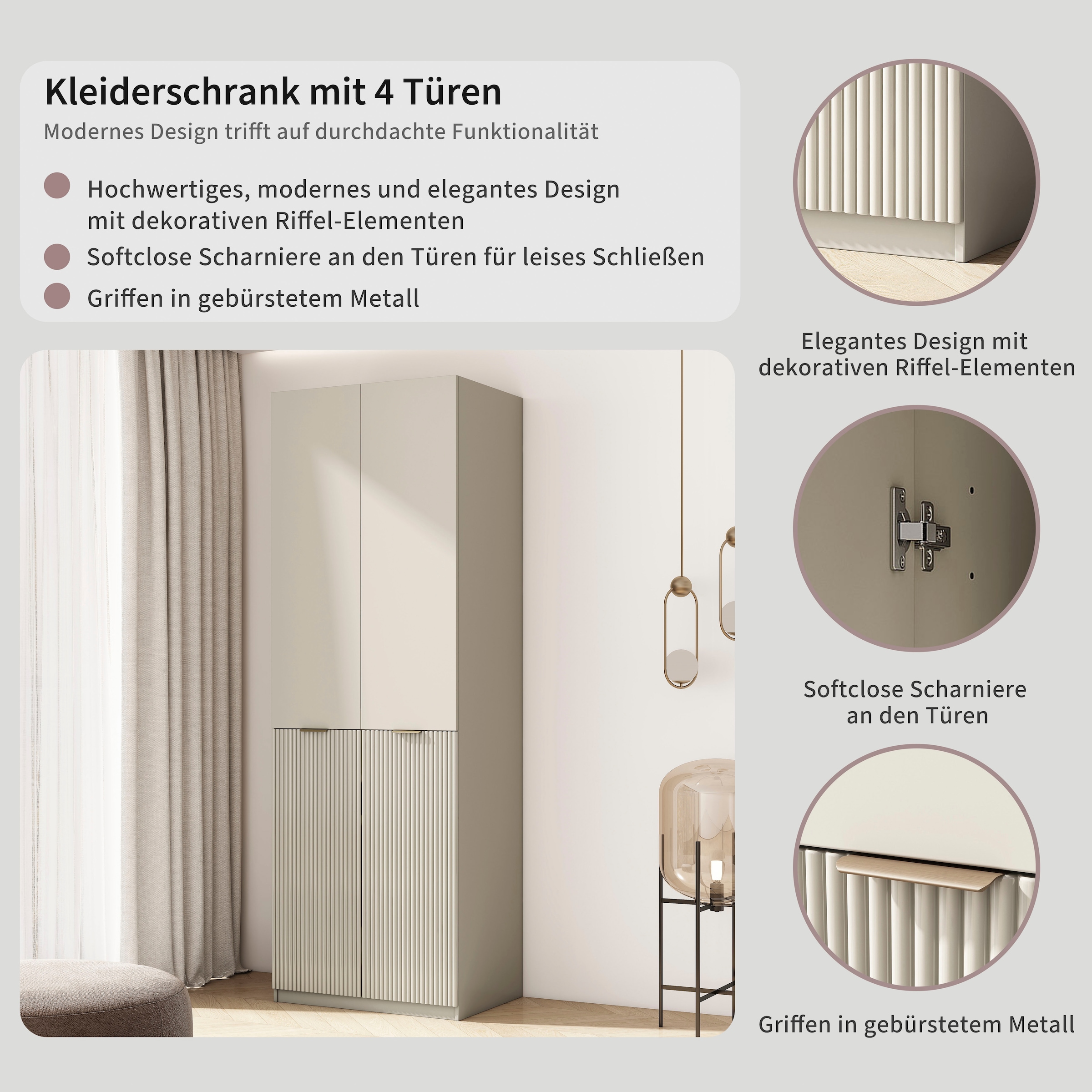 OTTO home Kleiderschrank »Jorella Schlafzimmerschrank Garderobe« eleganter Schlafzimmerschrank Rillendesign Trend Breite 82cm