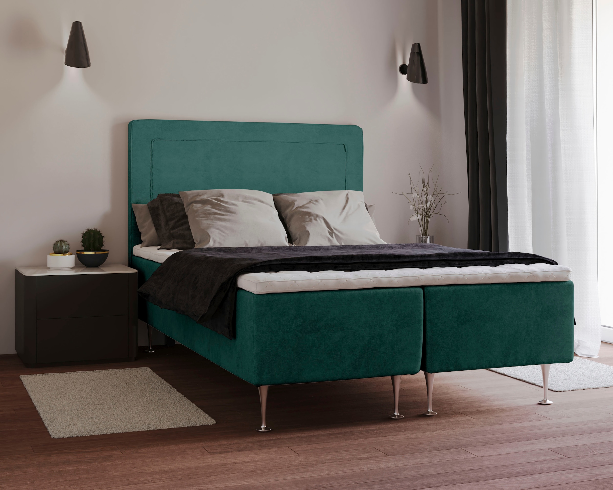 Boxspringbett HOME AFFAIRE "Hacer", grün (dunkelgrün), B:141cm L:208cm, 100% Polyester, Komplettbetten, Boxspringbett, Topper, H2 oder H3 und in Breiten 70,80,90,120,140,160,180 wählbar