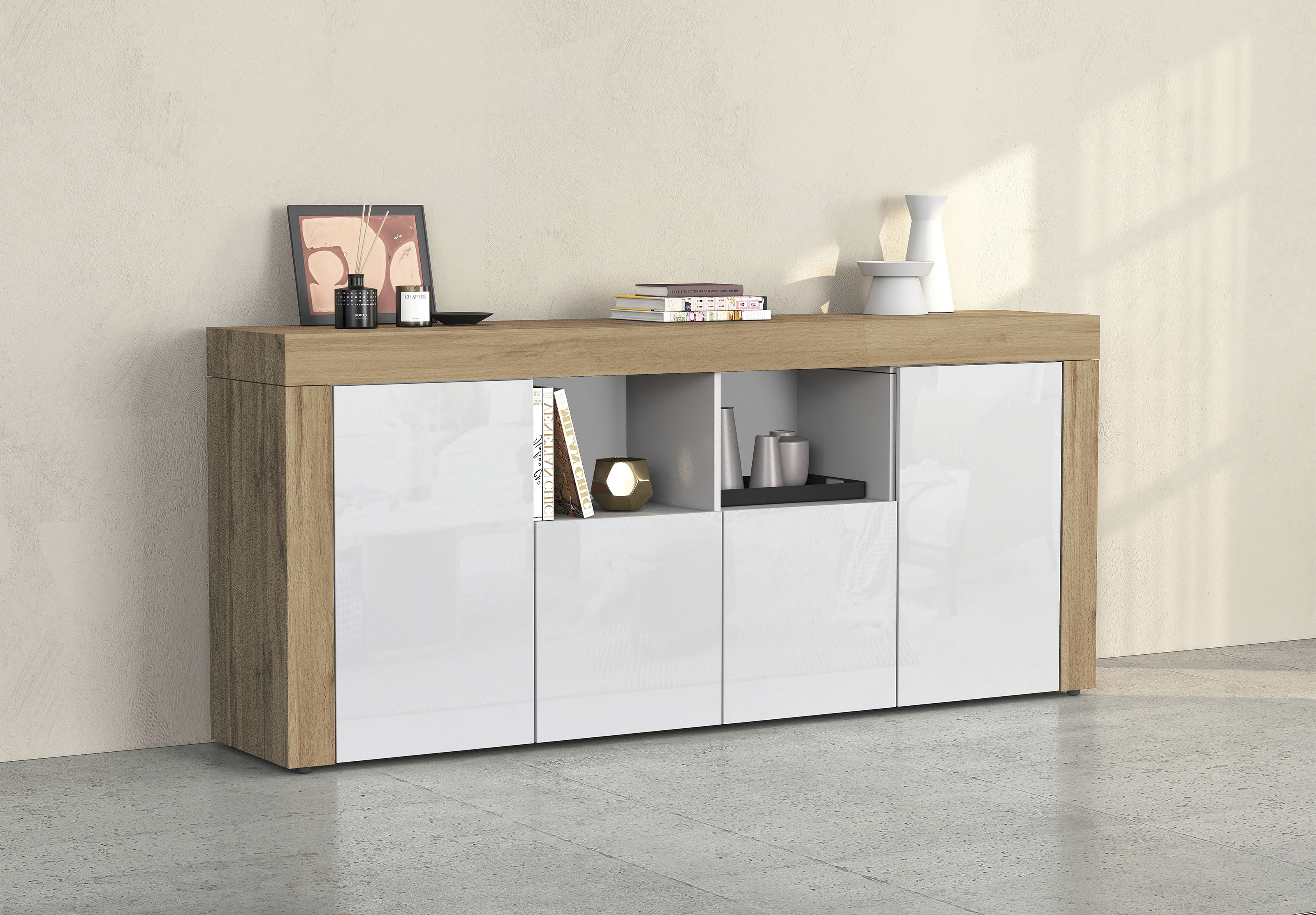 OTTO home Sideboard "CHRONOS Breite 200 cm mit 4 Türen, 2 offene und 8 geschlossene Fächer" 1 Stk. tlg. Sideboard,Kommode, Schrank, Grifflos mit Push to Open, Made in Italy