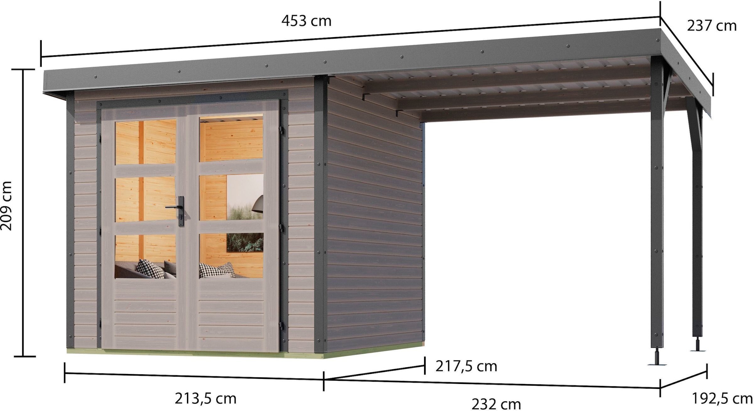 Karibu Gartenhaus »"Jupiter D SET"«, wassergrau/ staubgrau, mit Anbaudach
