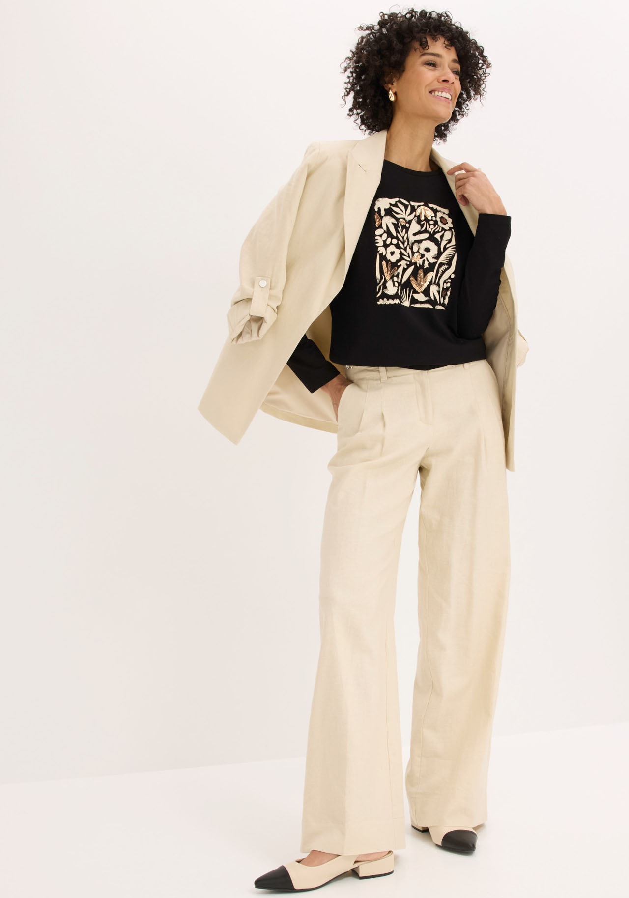 bonprix Langarmshirt Slim fit, Langarm, Druck mit Pailletten, für Frühling und Sommer