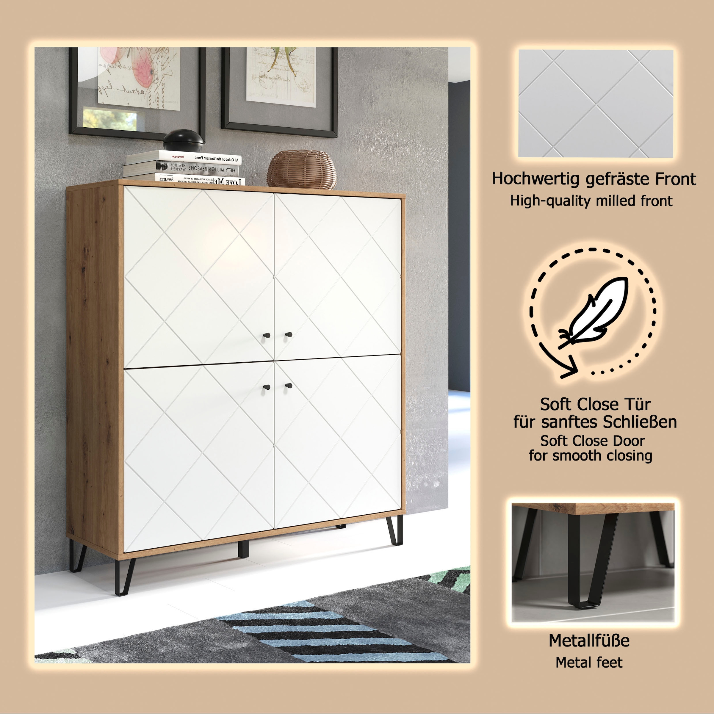 Places of Style Highboard »Tarragona«, Highboard mit 4 Türen & Soft-Close - (B/T/H) 123/40/136 cm
