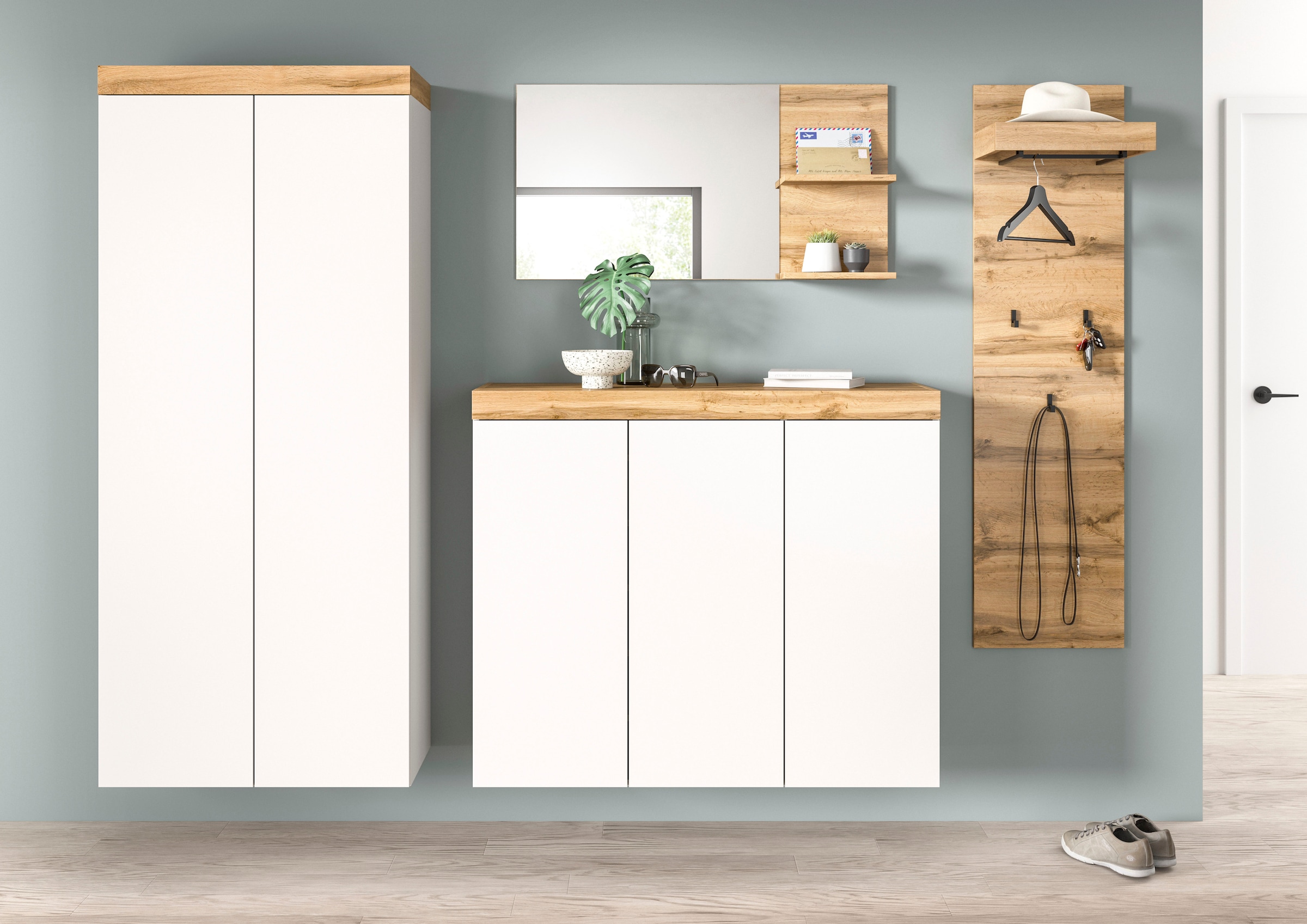 OTTO home Garderoben-Set »MAMBO, TOPSELLER!, 4-teilige Kombination, stehend & hängend montierbar« bestehend aus: Garderobenschrank, Kommode, Spiegel, Garderobenpaneel, 4 Stk. tlg.