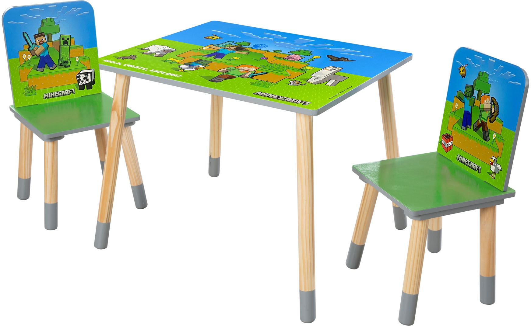 Phoenix Minecraft Grün Natur Grau Kindersitzgruppe "Minecraft Sitzgruppe" 3 Tlg. Tlg. Set Tisch Mit 2 Stühlen von Baur
