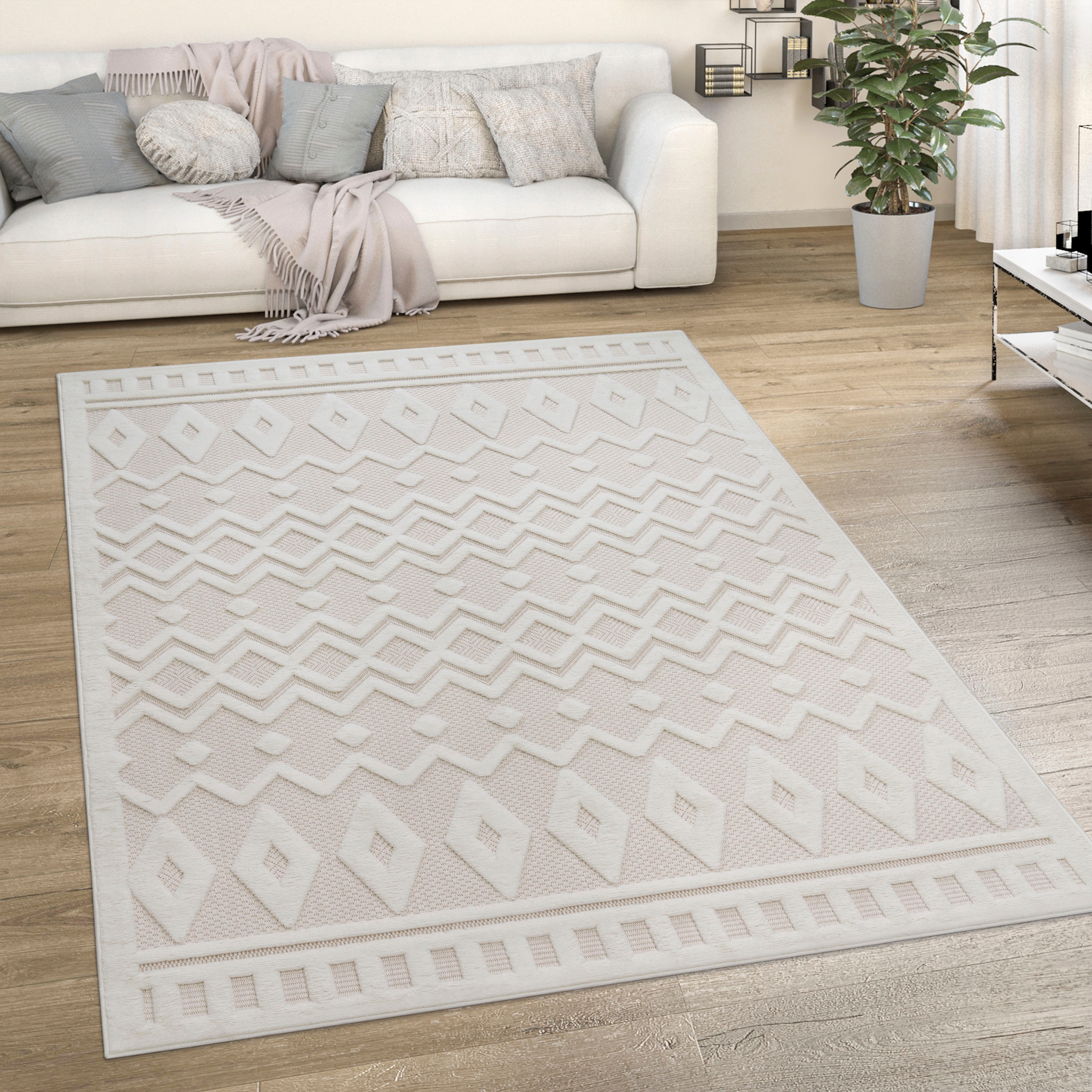 Paco Home Teppich »Livorno 671«, rechteckig, 14 mm Höhe, Uni-Farben, Scandi, Rauten Muster, Hoch-Tief Effekt, Outdoor geeignet