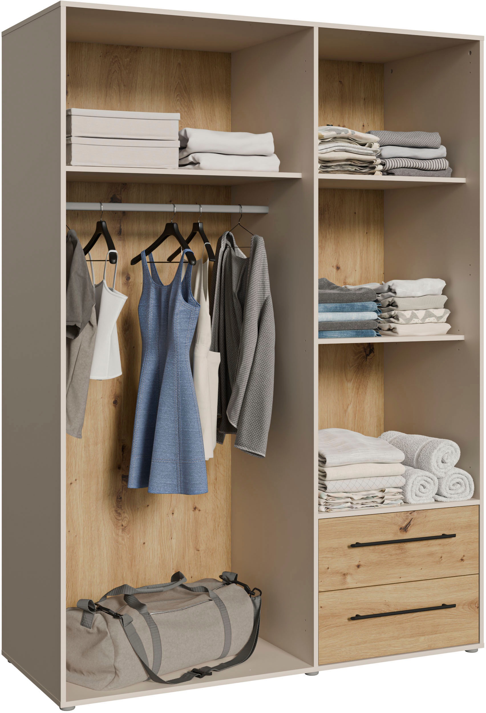 FORTE Drehtürenschrank »Mokkaris, OTTOs Choice, TOPSELLER! 3 Türen, zeitloses Design«, (BHT ca. 145x200x59cm), Schubladen + schwarze Stangengriffe, Made in Europe, viel Stauraum