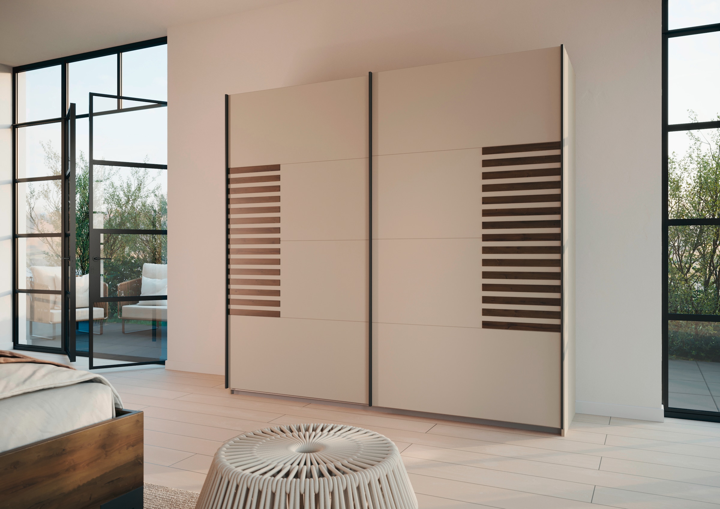 rauch Schwebetürenschrank »Kleiderschrank Schrank Garderobe Schlafzimmerschrank BAREA«, Front mit Auflage in moderner Lamellen-Optik MADE IN GERMANY
