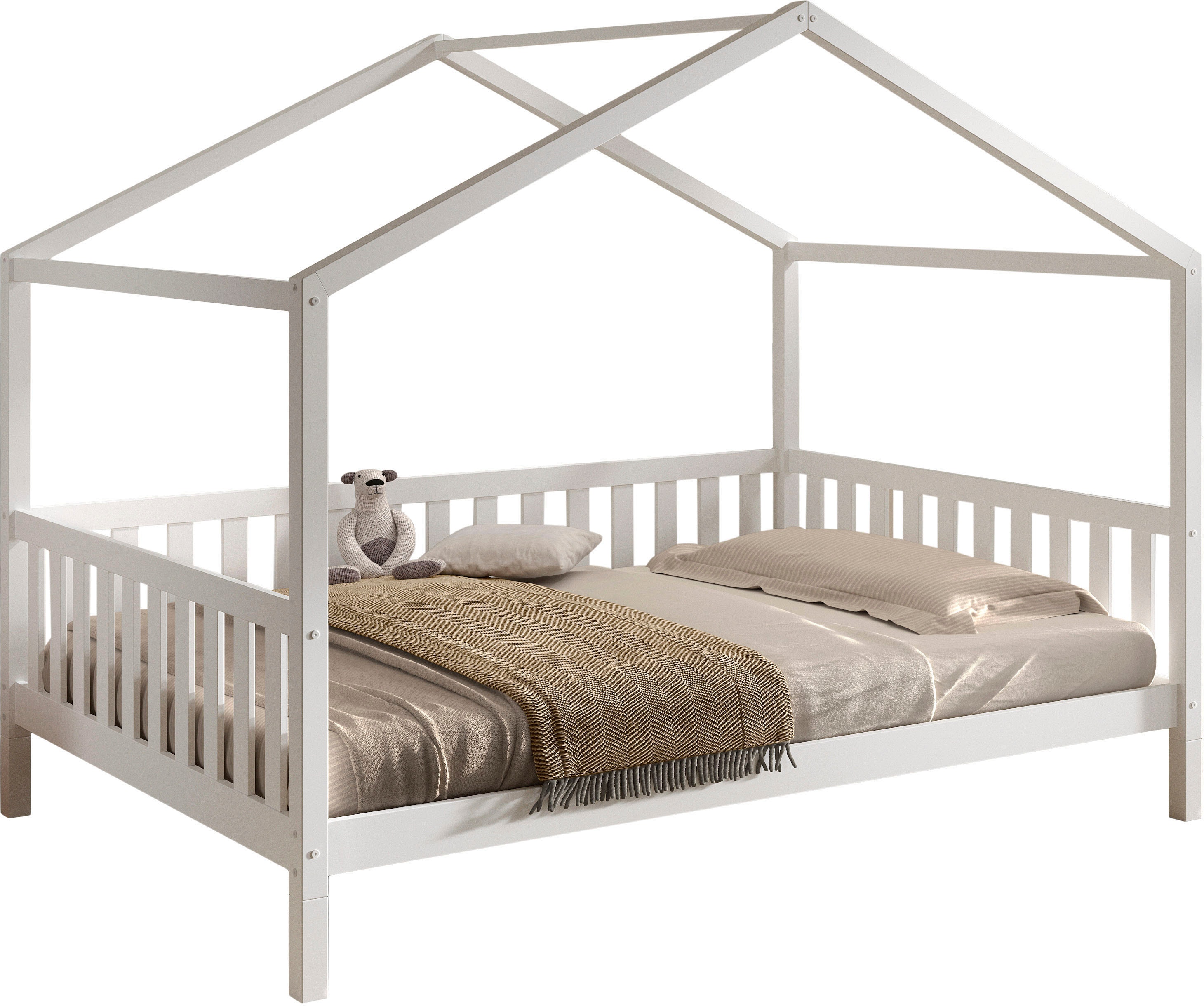 Vipack Hausbett "Dallas, Massivholzbett mit Dachaufbau umbaubar vom Boden- zum Daybett" inkl. Rolllattenrost und Sprossenumrandung, 90 oder 140x200 cm breit, stabil und standfest gebaut, wahlweise Kiefer massiv natur oder weiß
