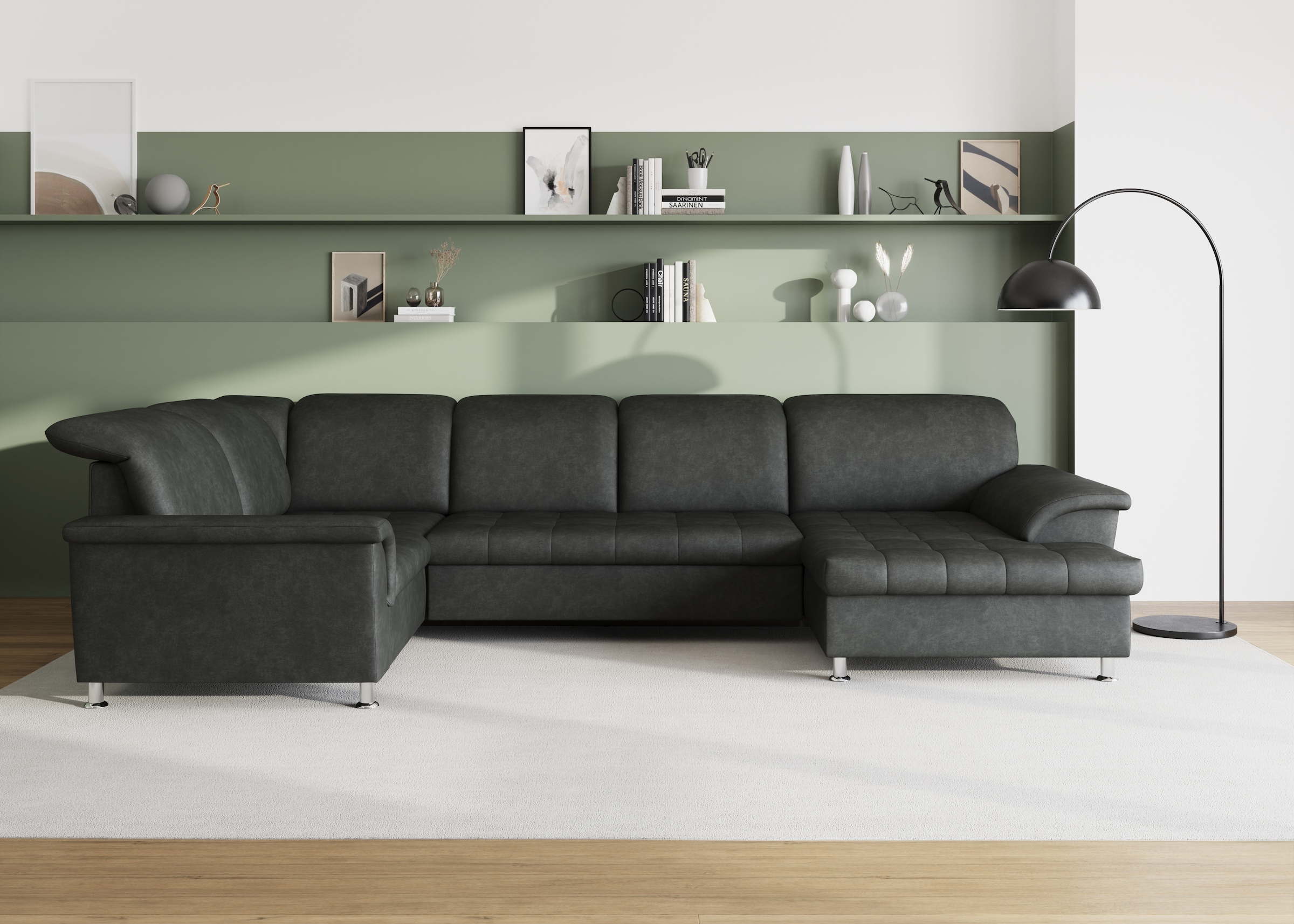DOMO collection Wohnlandschaft "FRANZI 344x206x81 cm, elegant, komfortabel" U-Form, Recamiere rechts, grau, B/T: 344/206 cm