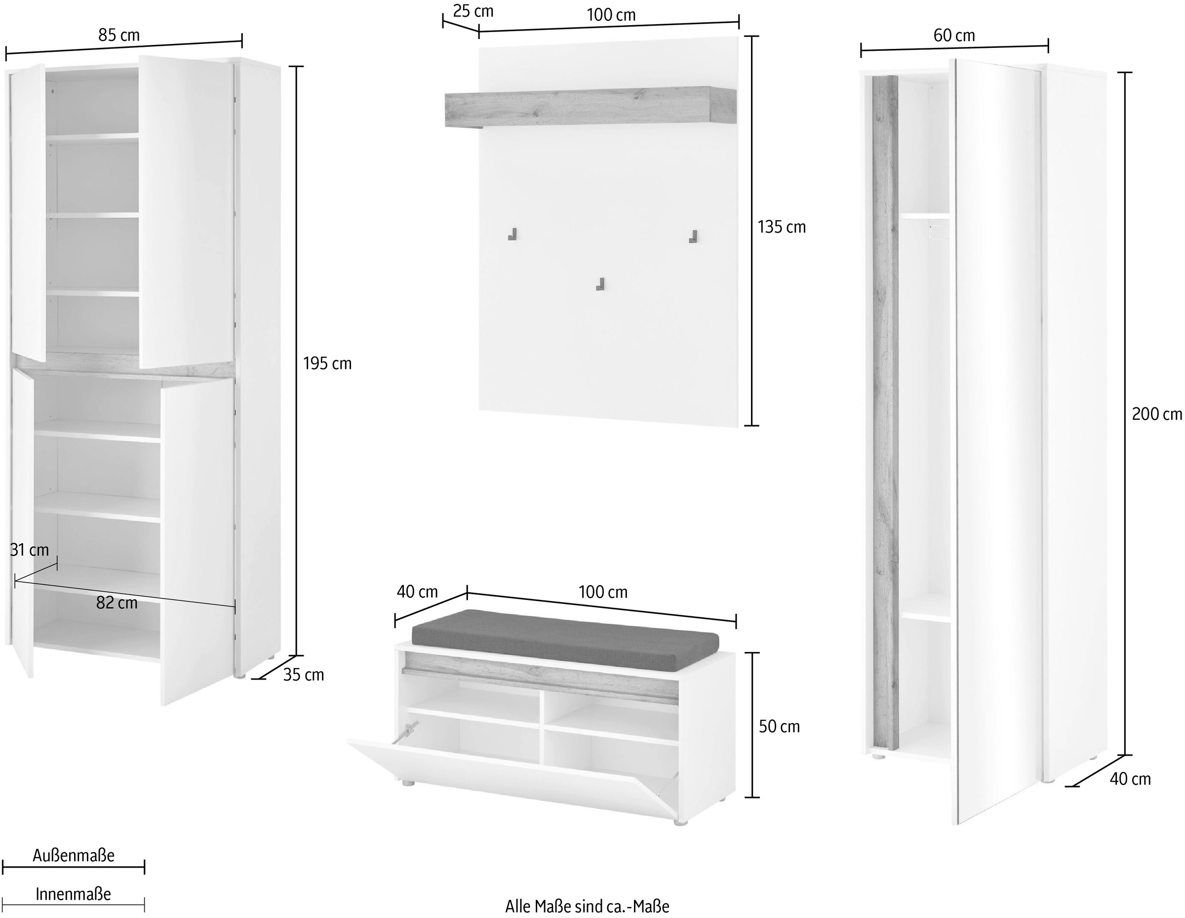 INOSIGN Garderoben-Set »City/Giron, moderne Garderobe, viel Stauraum, ca. 40 Schuhe«, (Set, 4 St.), enthält Schrank mit Spiegel, Schuhschrank, Paneel &Bank inkl. Kissen