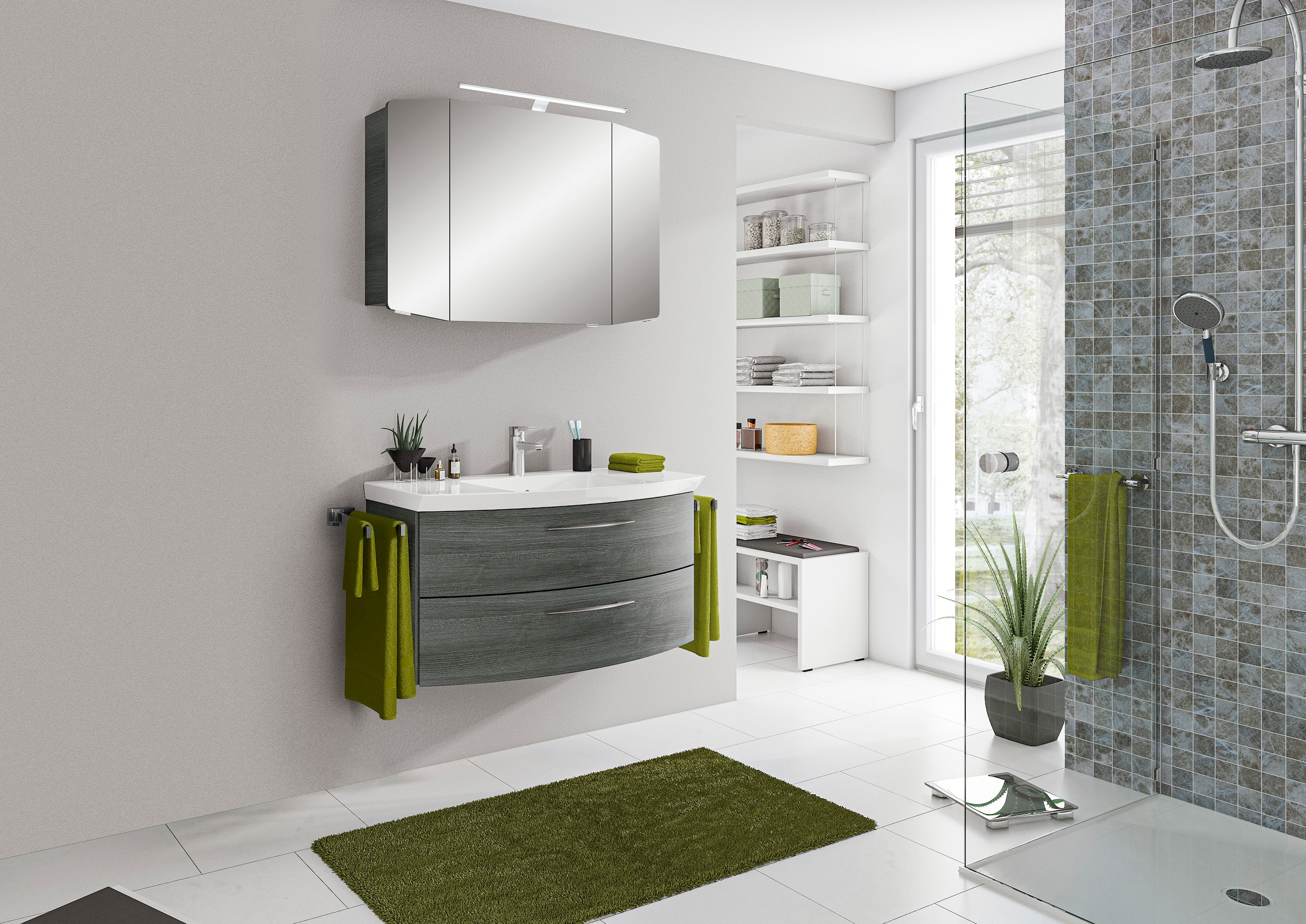 Saphir Badmöbel-Set »Cassca Sprint 2-teilig Mineralmarmor-Waschtisch mit LED-Spiegelschrank«, (2 St.), Waschplatz mit 2 Schubladen, inkl. Dämpfer, 101 cm breit