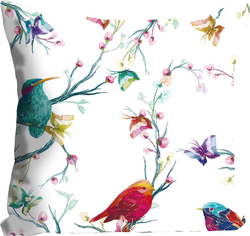 queence Dekokissen »Elsie«, Kissenhülle,Bunte Kolibris,Weiß,Vogel,Fröhlich,Natur,Tropisch