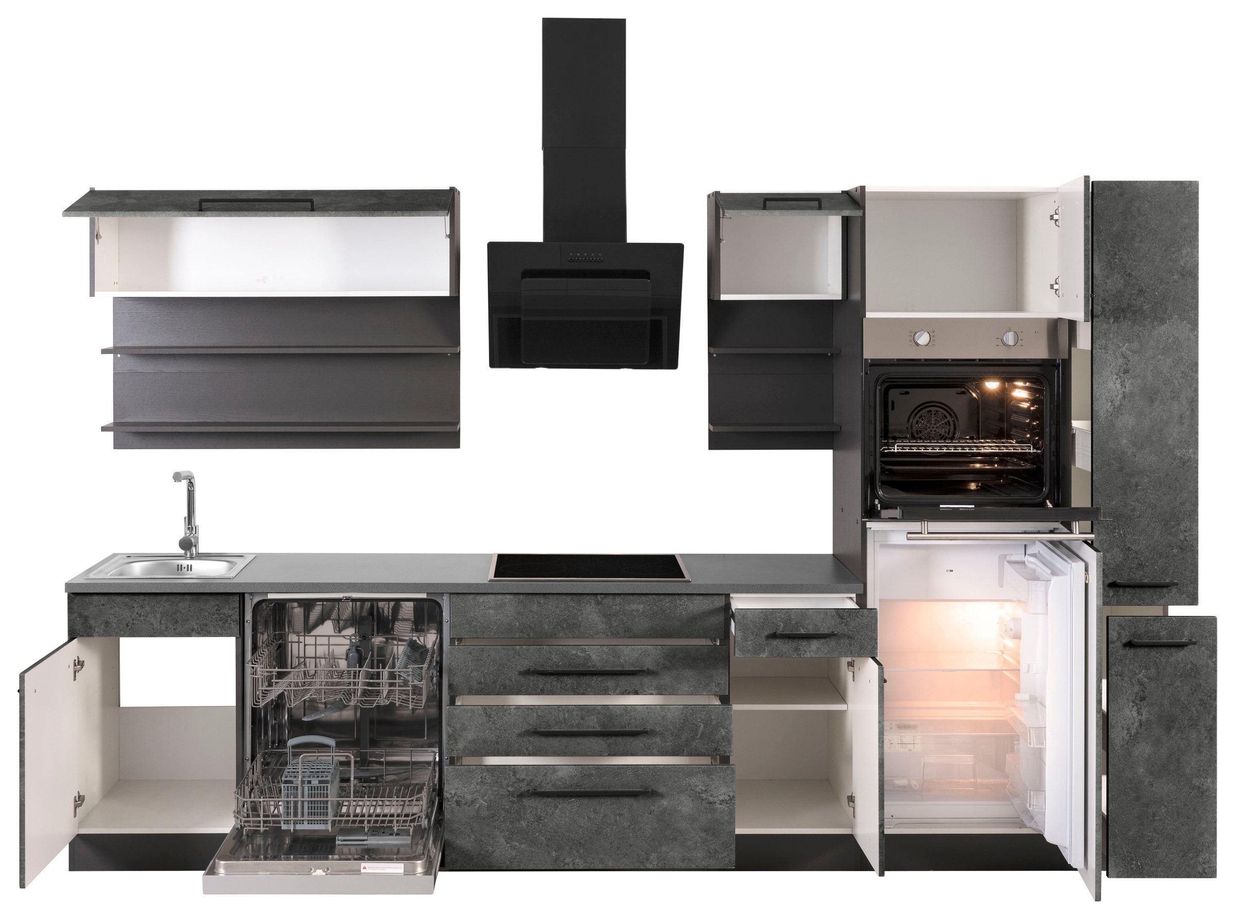 Thumbnail - KOCHSTATION Küchenzeile "KS-Tulsa" ohne E-Geräte, Breite 320 cm, schwarze Metallgriffe, MDF Fronten