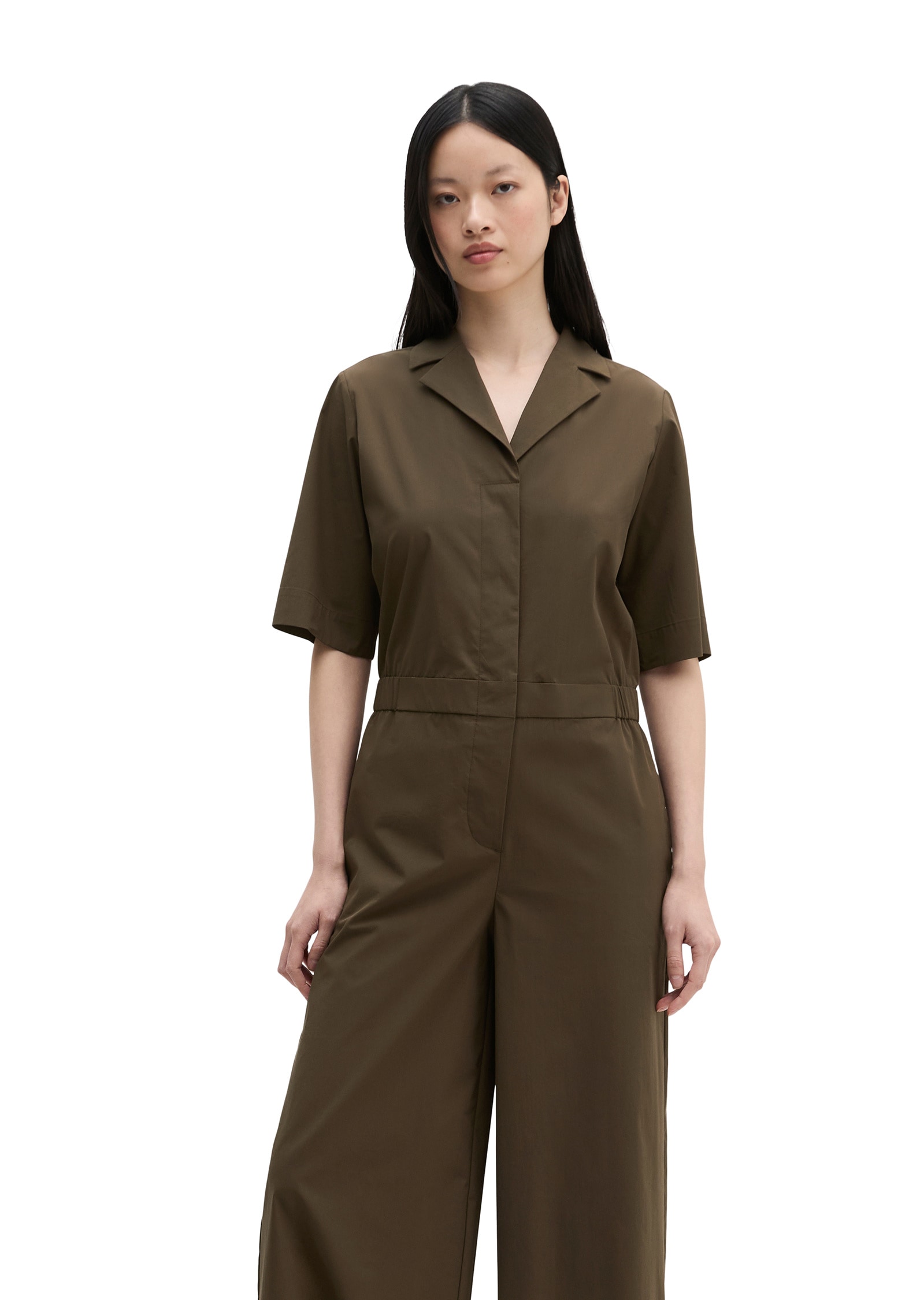"Overall MARC O'POLO ""aus Popeline-Stretch"", Damen, Gr. 46, Normalgrößen, braun (mossy earth), Obermaterial: 60% Baumwolle, 38% Polyester, 2%