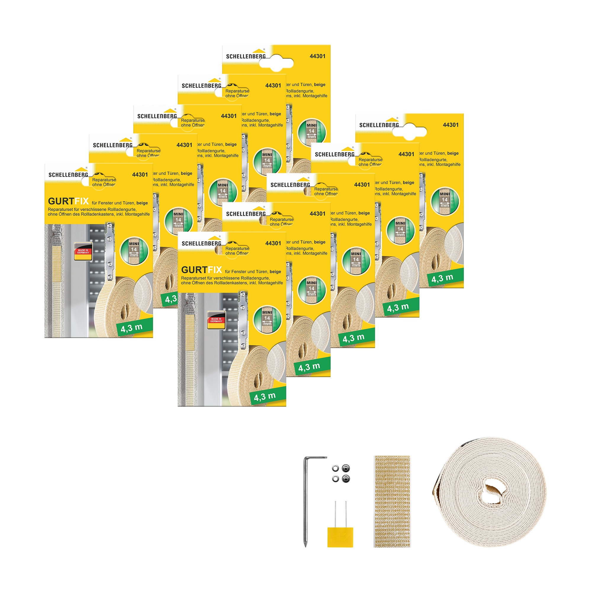 SCHELLENBERG Reparatur-Set "Rollladen Gurtfix für das Rollladensystem Mini" Set, 10 Stk. tlg. für alte Gurtbänder in unterschiedlichen Farben, 14 mm x 4,3 m