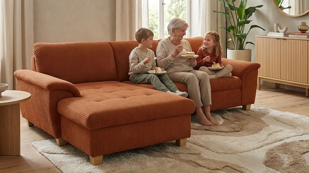OTTO home "Eggery 279 x 162 cm, auch mit Schlaffunktion & Bettkasten, Holzfüße" L-Form, aus haustierfreundlichem Pet Friendly Cord