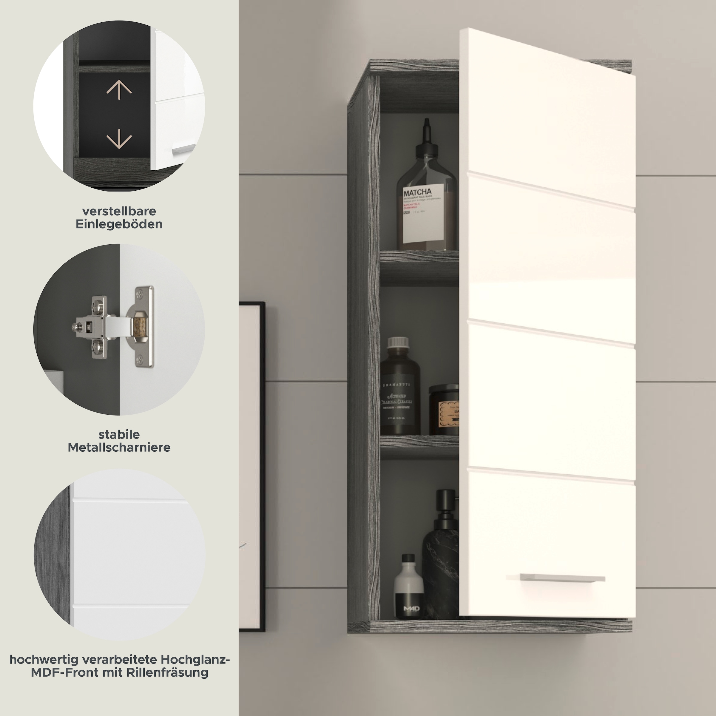 welltime Hängeschrank »LUCCA, TOPSELLER!, Breite 35cm, 1 Tür (TA wechselbar), 2 Einlegeböden«, Badmöbel, Badschrank, Schrank, Wandschrank, Bad, Badezimmer