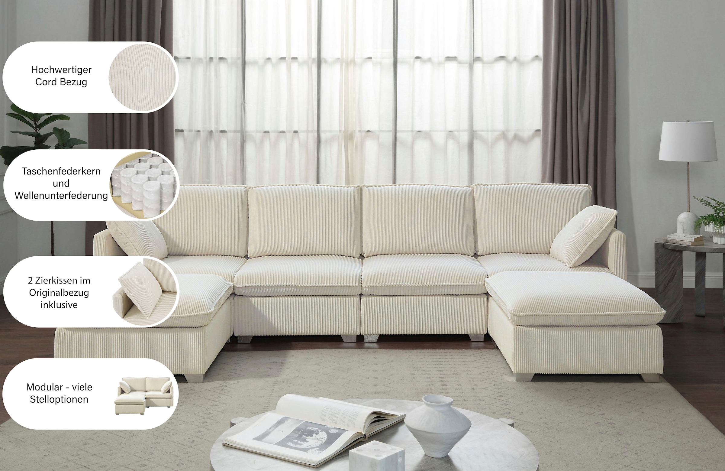 ATLANTIC home collection Wohnlandschaft modularer 4-Sitzer mit 2 Hockern, weicher Cordbezug