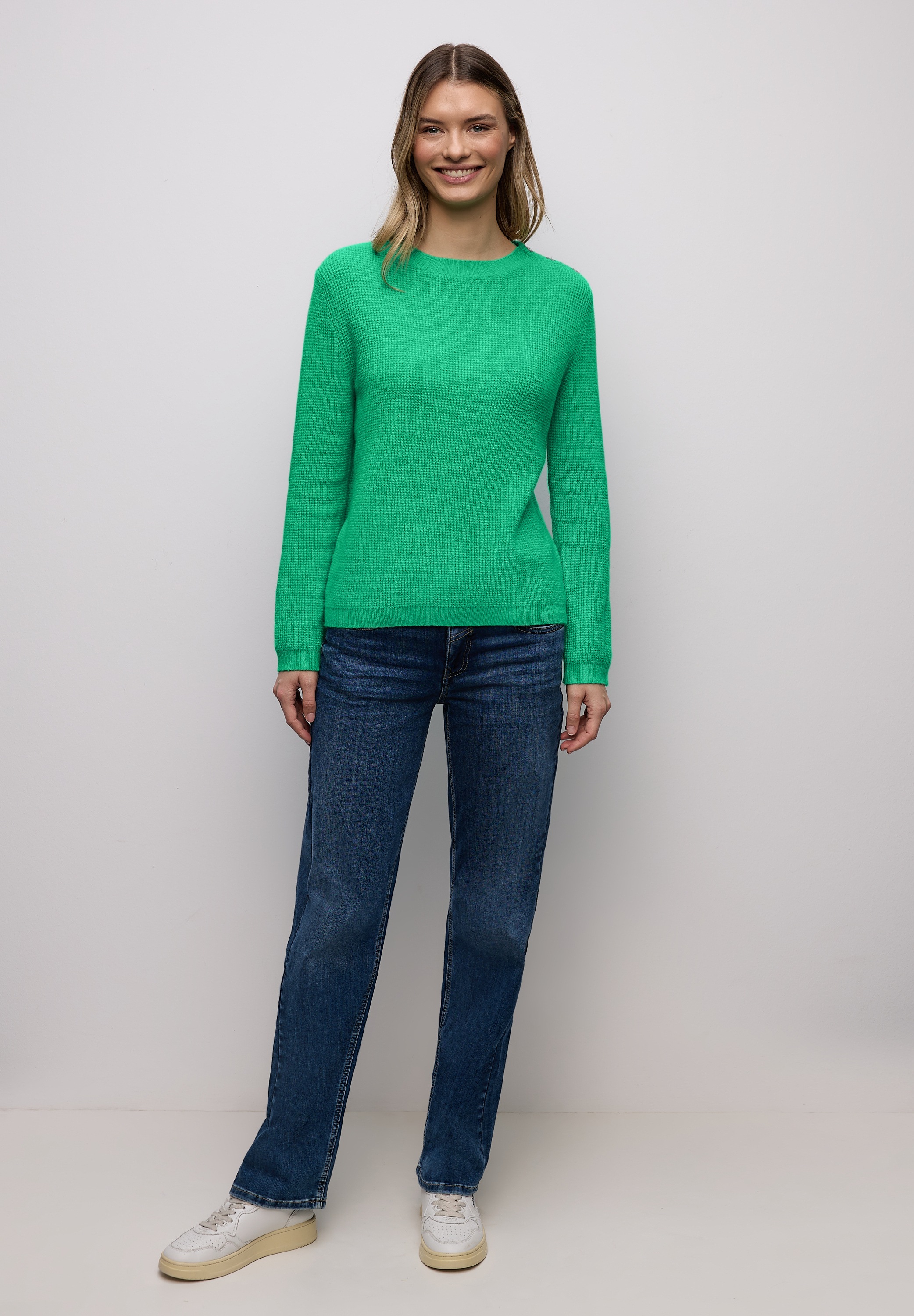 Strickpullover STREET ONE, Damen, Gr. 36, arcadia grün meliert, Web, 37% Baumwolle, 34% Polyacryl, 26% Polyester, 3% Elasthan, unifarben, normal normal, Rundhals, Rippbündchen, Pullover Strickpullover, Grobstrick 3