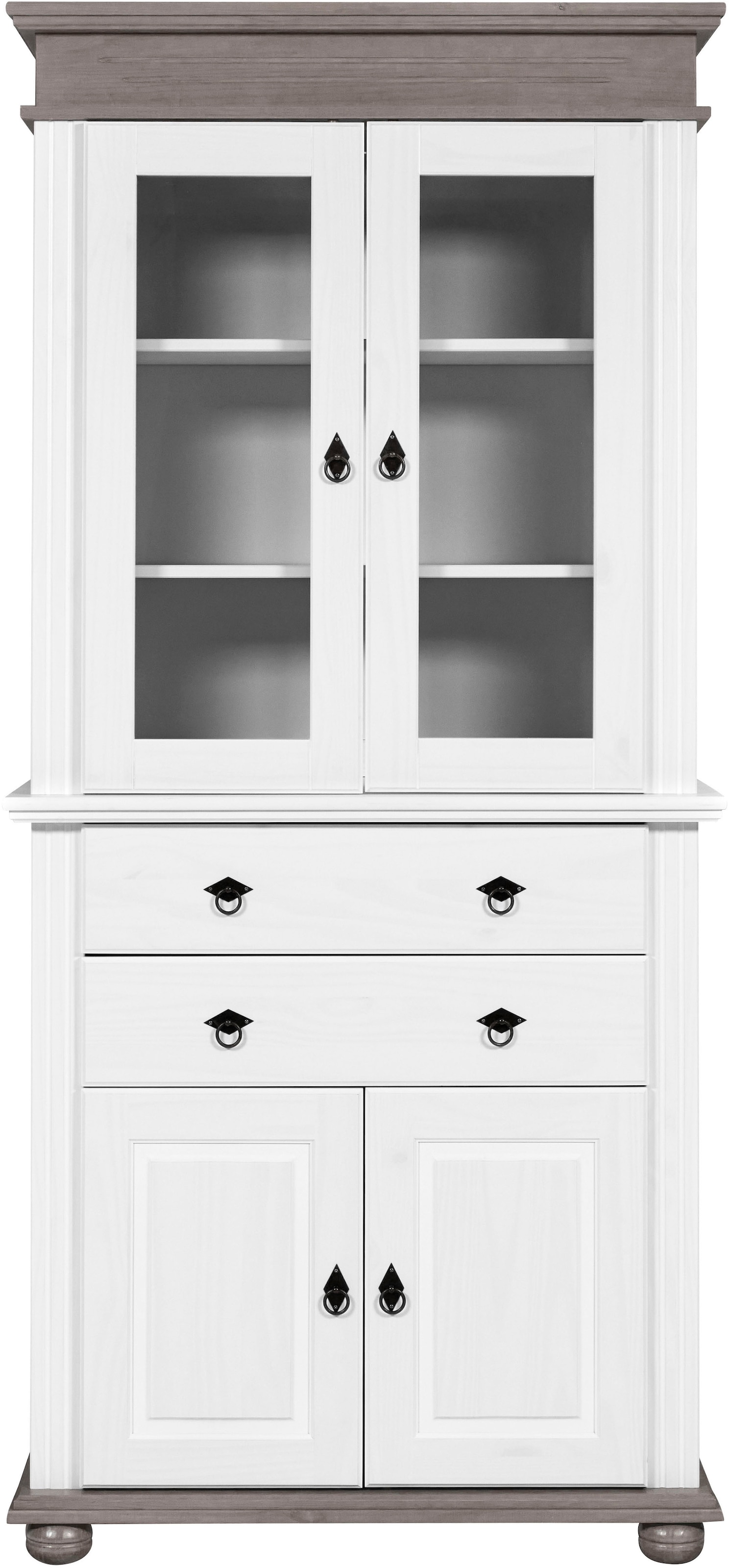 Inter Link Vitrine »Halmaro, Kiefer Massivholz, Weiss/Grau-Lava, 101 x 46,30 x 220 cm« 1 Stk. tlg. Buffet im Laudhausstil, Küchenschrank mit Glastüren, viel Stauraum