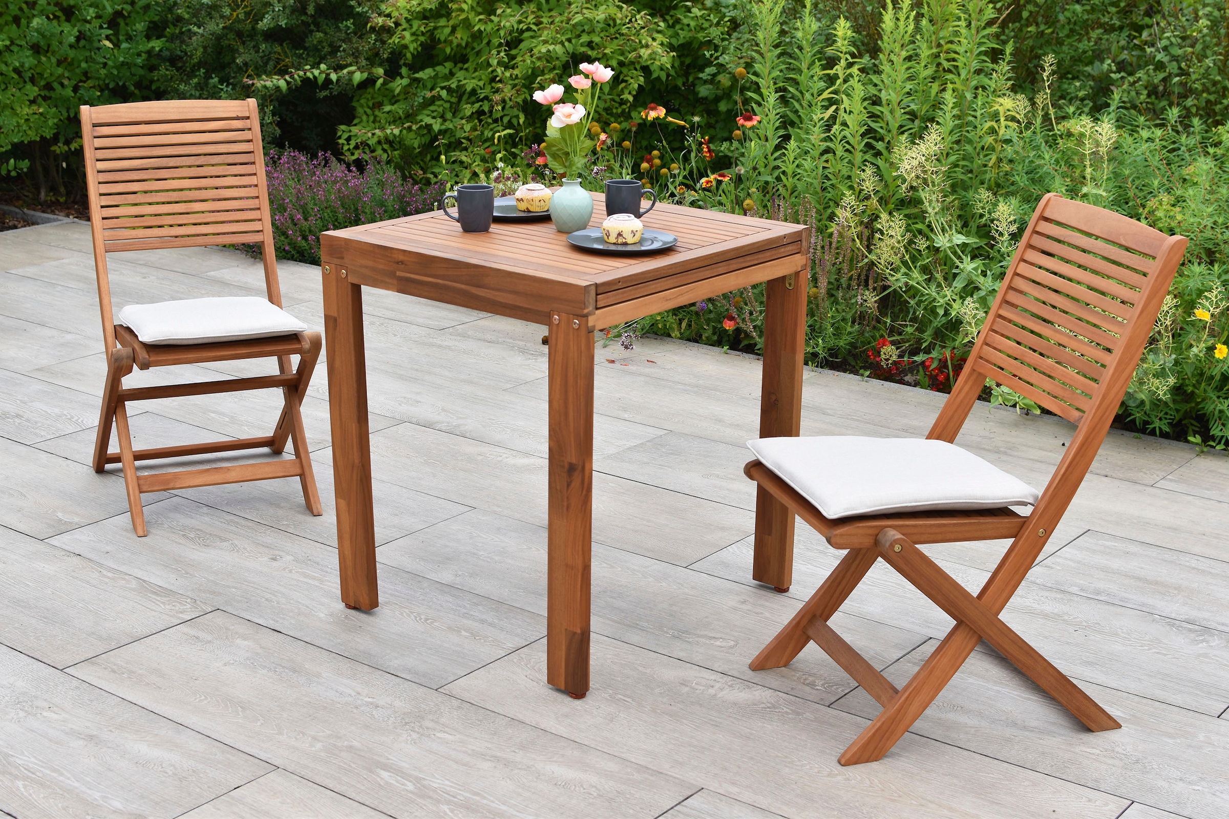 MERXX Balkonset »Bali« Set, 5 tlg. inkl. 2 Klappstühle, 2 Sitzkissen, 1 Balkonausziehtisch