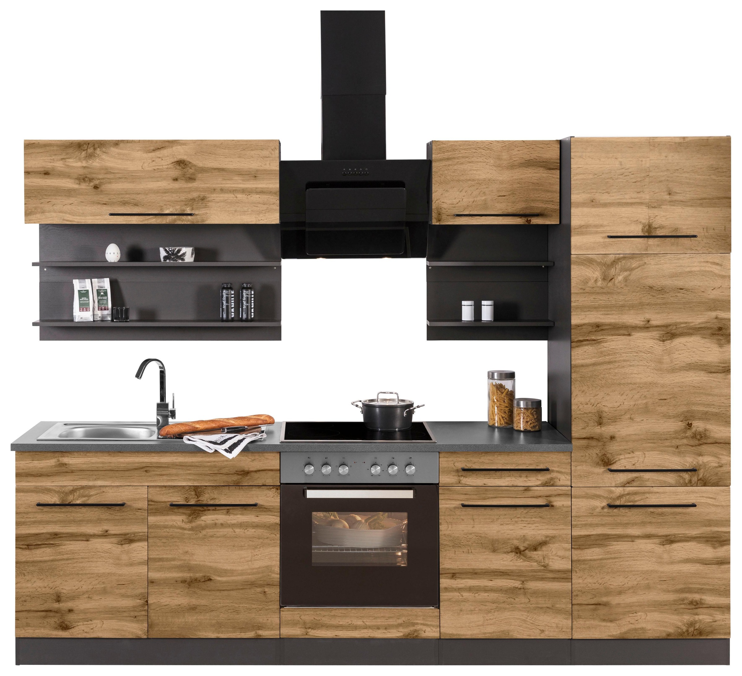 KOCHSTATION Küchenzeile »KS-Tulsa«, ohne E-Geräte, Breite 270 cm, schwarze Metallgriffe, MDF Fronten