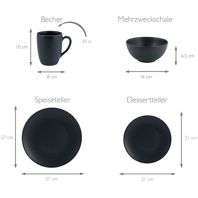 CreaTable Kombiservice »Geschirr-Set Soft Touch Black«, (Set, 16 tlg.,  Kaffeeservice und Tafelservice im Set, für 4 Personen), Service, schwarz,  seidenmatte Glasur, 16 Teile, für 4 Personen | BAUR