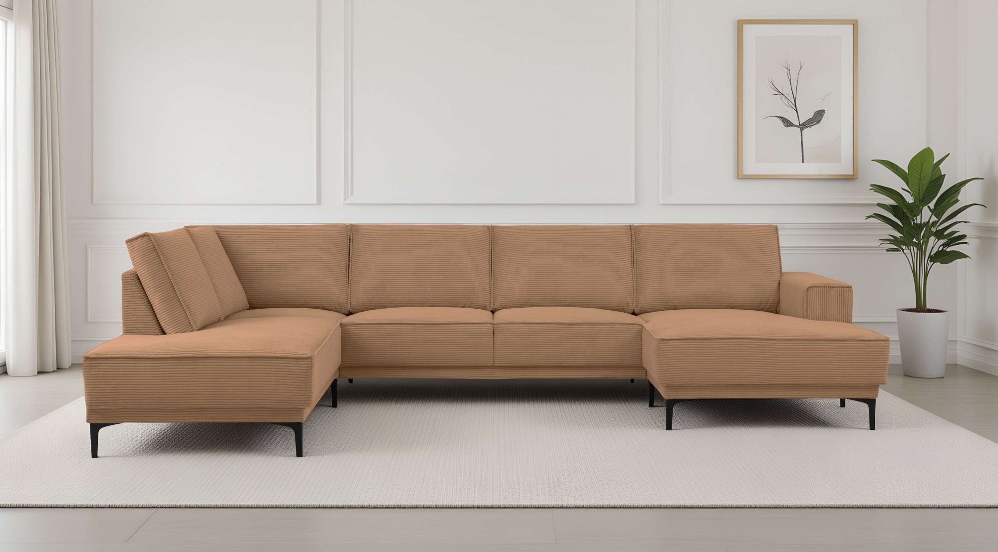 OTTO home Wohnlandschaft "OLAND Cord U-Form, XXL, B: 345 cm, Skandi-Design" U-Form, 345 cm, Wellenunterfederung, Skandi-Design, Metallfüße