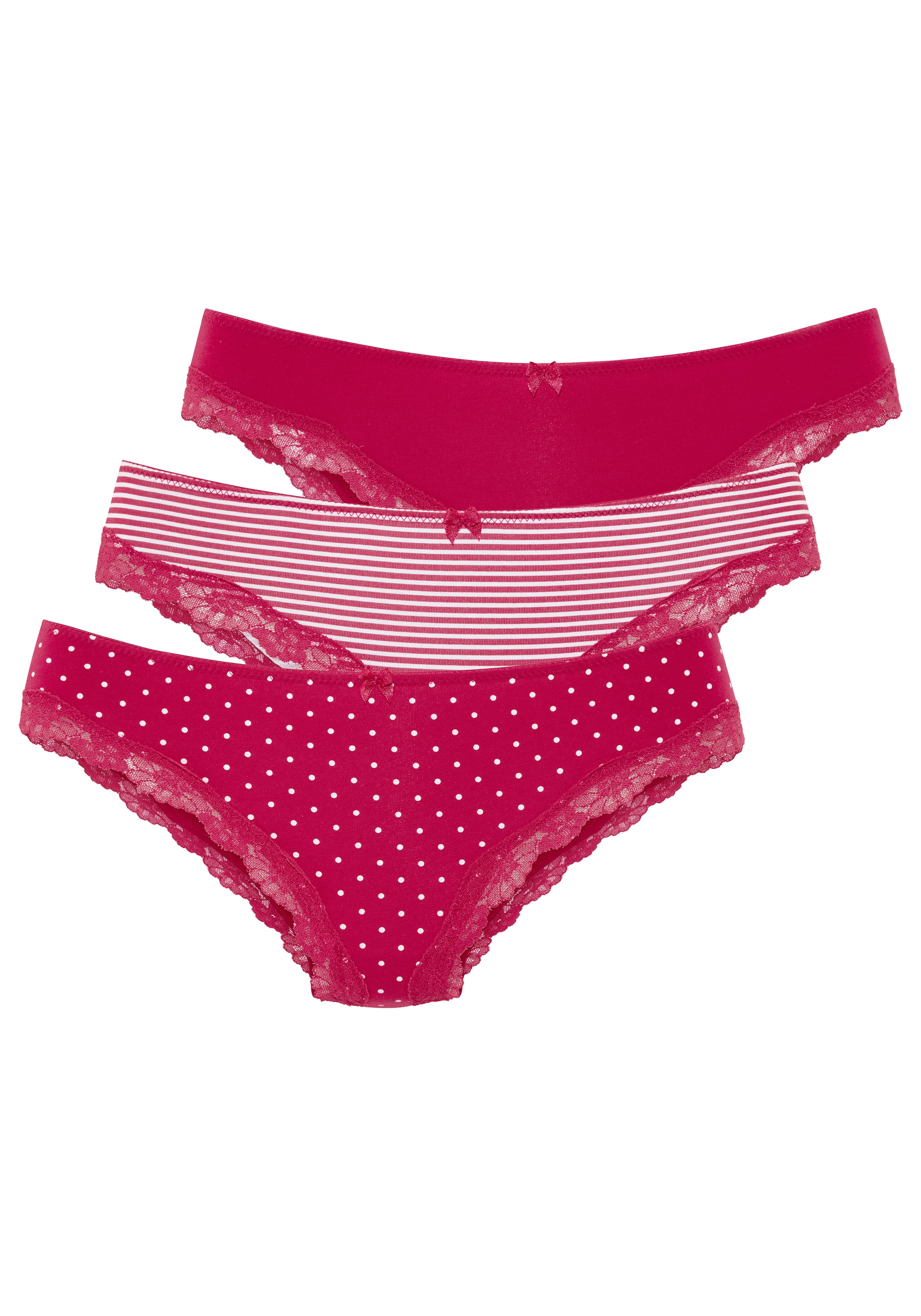 LASCANA Brasilslip 3er-Pack, aus elastischer Baumwolle mit zarter Spitze