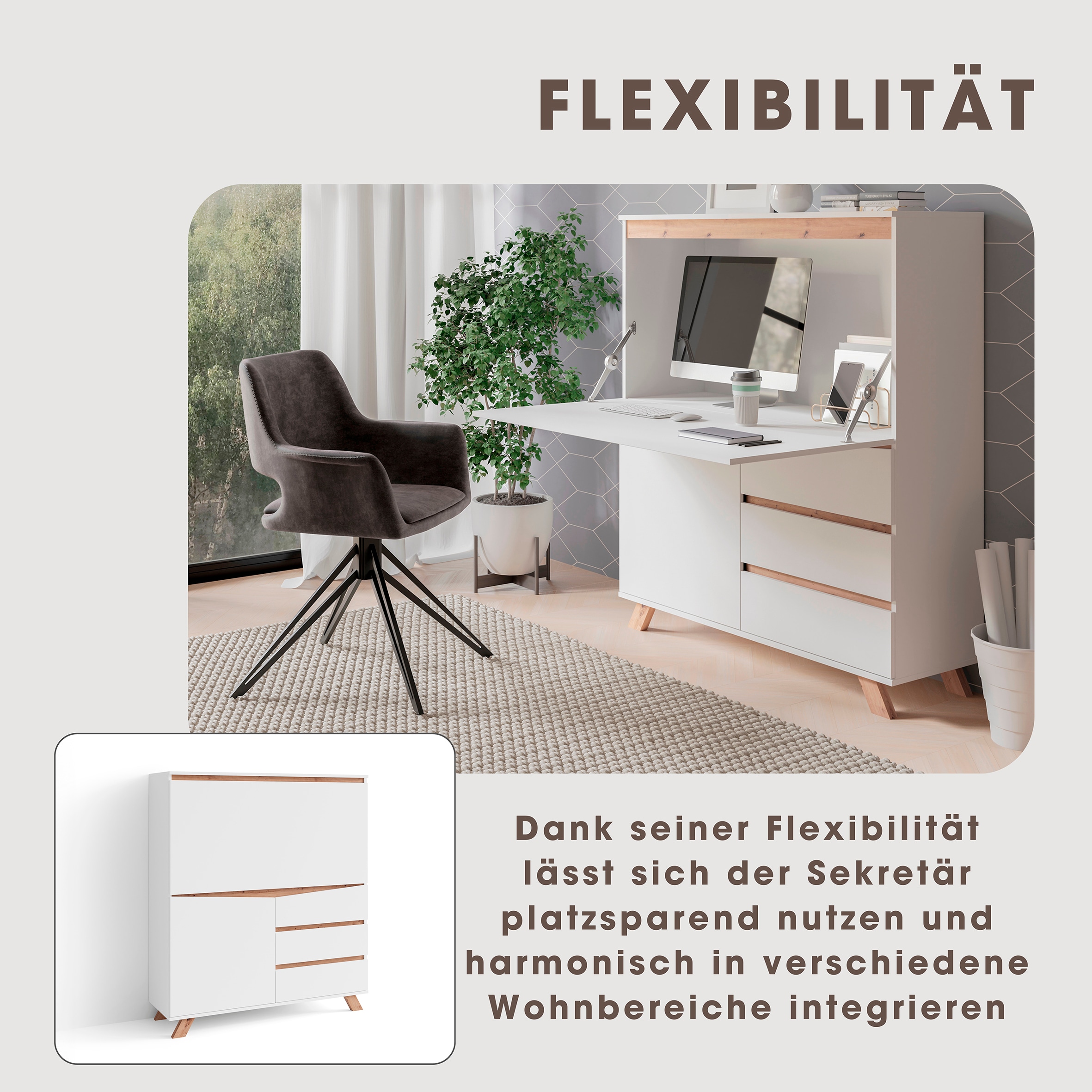 Thumbnail - byLIVING Sekretär "Valentin", (1 St.), platzsparende Arbeitslösung mit viel Stauraum, Breite 120 cm