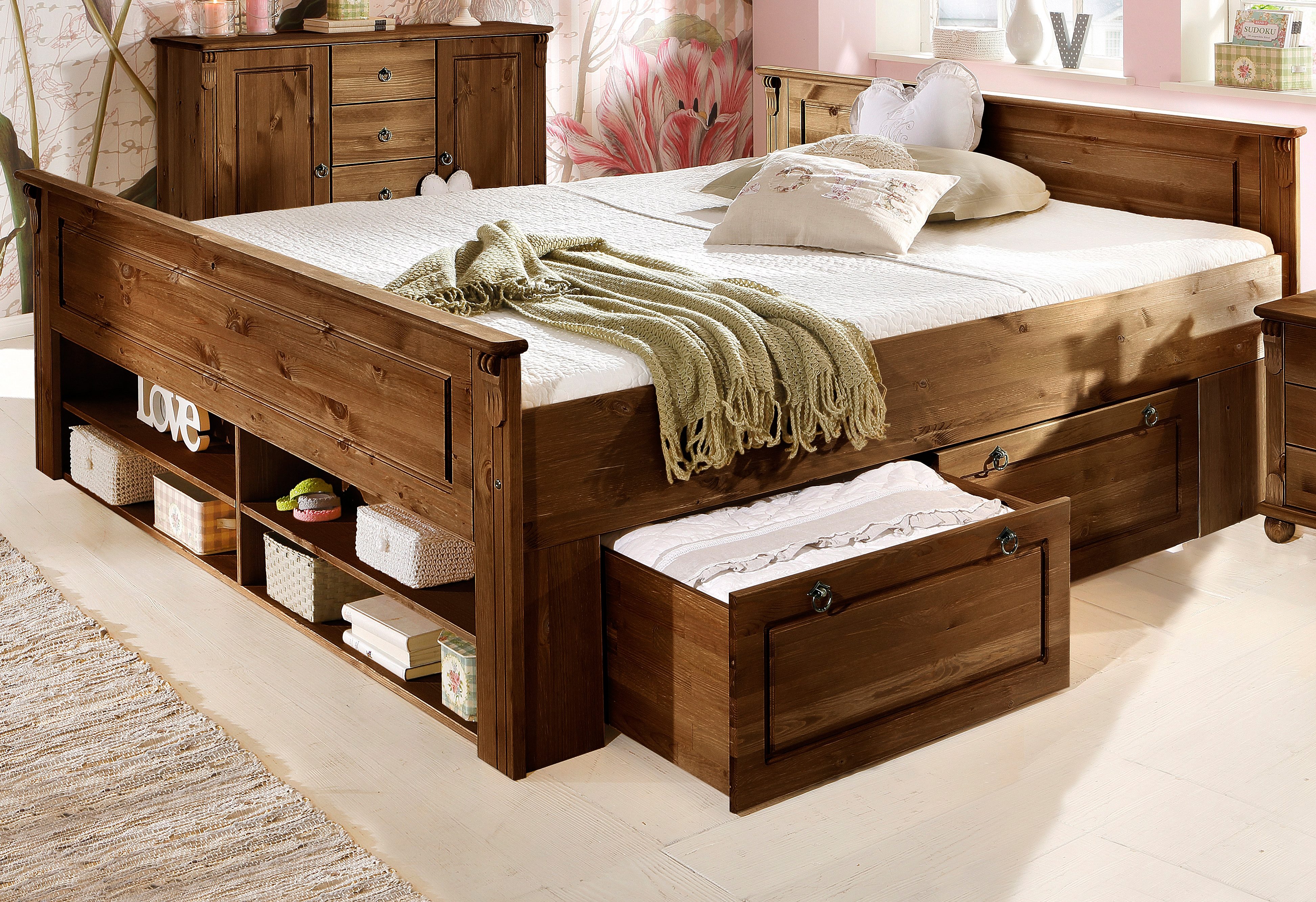 OTTO home Massivholzbett "Tessin, Stauraumbett, Landhausstil, Schubladen optional, rustikal" Breite/Belastbarkeit 180cm/220 KG, 140cm/180 KG, zertifizierte Kiefer, Kassetten-Optik, stabile Qualität