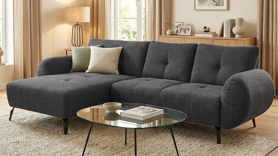 OTTO home Ecksofa »Viiborg 261 x 140 cm, mit Steppungen, elegant, modern« L-Form, pflegeleichter Bezug, hohe Füße - passend für Saugroboter!