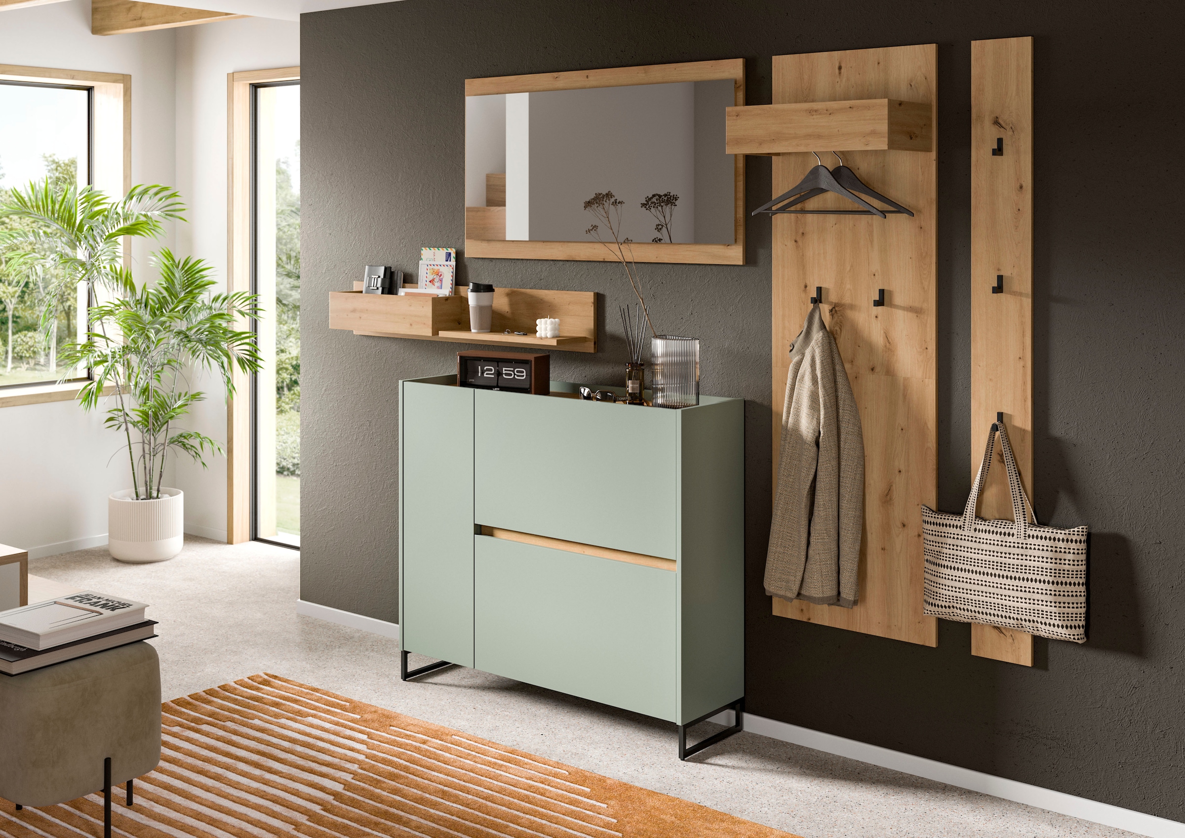 Home affaire Garderoben-Set »EVRID, 5-teilig, Breite 236 cm, individuell stellbar & erweiterbar« best. aus: Wandboard, Kommode, Spiegel, Garderobenpaneel, Hakenleiste, 5 Stk. tlg.