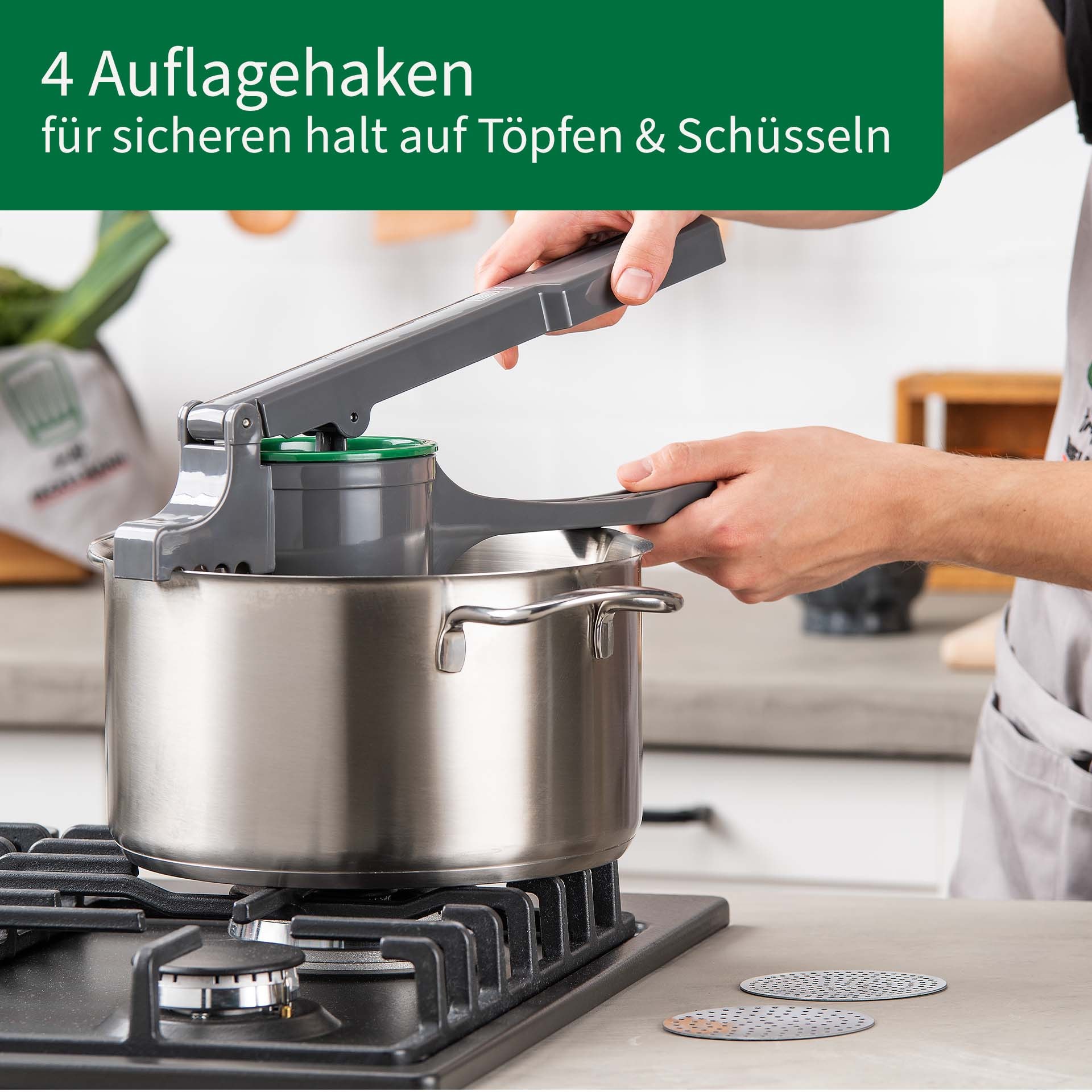 Chefkoch trifft Fackelmann Spätzlepresse »Presse für Kartoffeln, Spätzle, Spaghettieis & Co« Presse inkl. 3 Lochscheiben mit verschiedenen Stärken (2 - 3 mm)