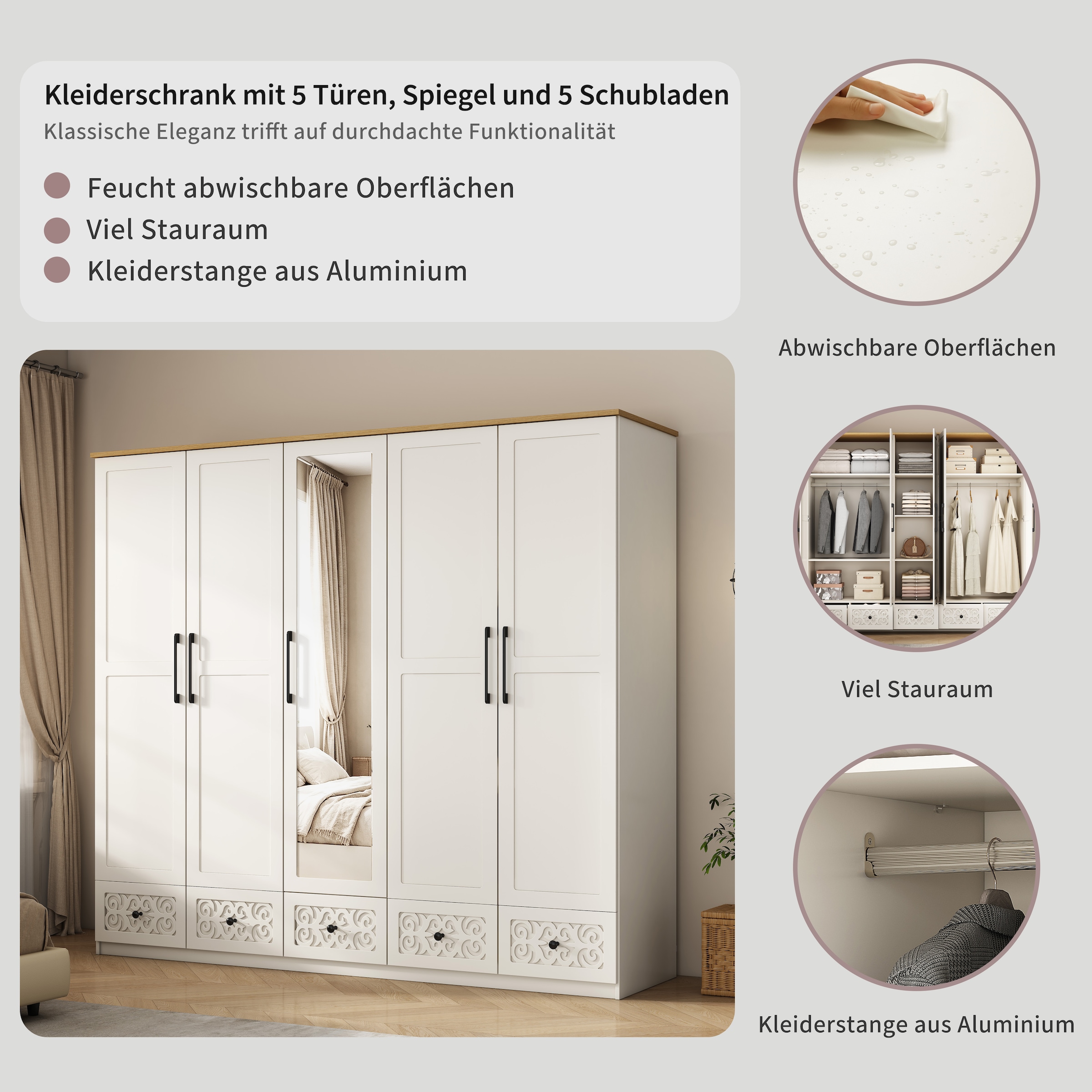 OTTO home Kleiderschrank »EZZON-KS« Landhaus Design Schlafzimmerschrank mit Verzierungen und Spiegel