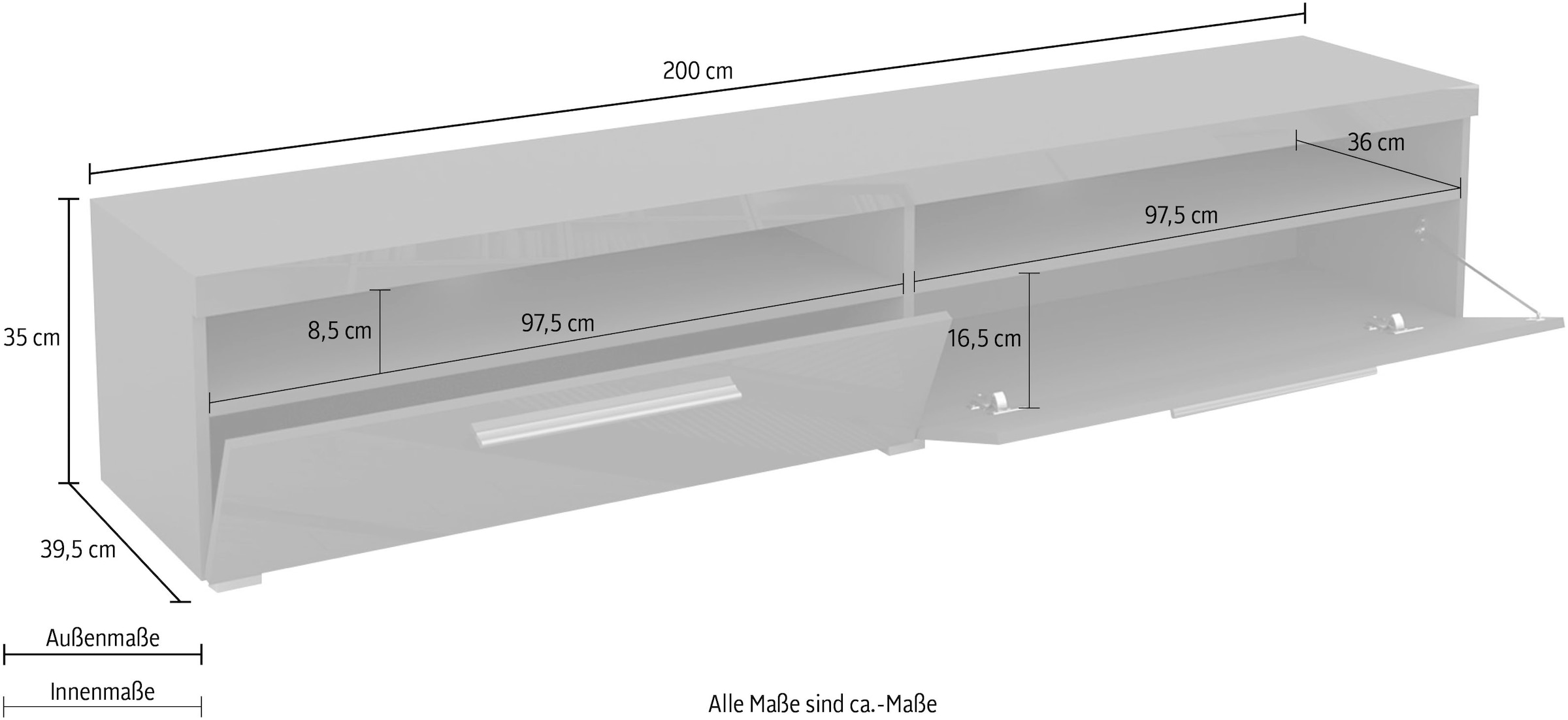 INOSIGN Lowboard »India,Breite 200 cm, stilvolle Fernsehschrank mit offenen Fächern«, TV-Board ohne Beleuchtung, TV-Kommode mit viel Stauraum