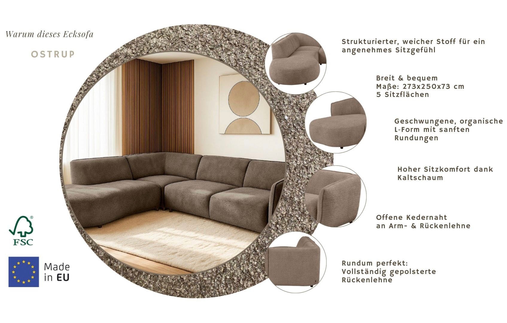 Home affaire Ecksofa »OSTRUP Rundsofa, L-Form, Naturtöne, Boucle oder Chenille« Breite 273 cm, organische Form mit sanften Rundungen