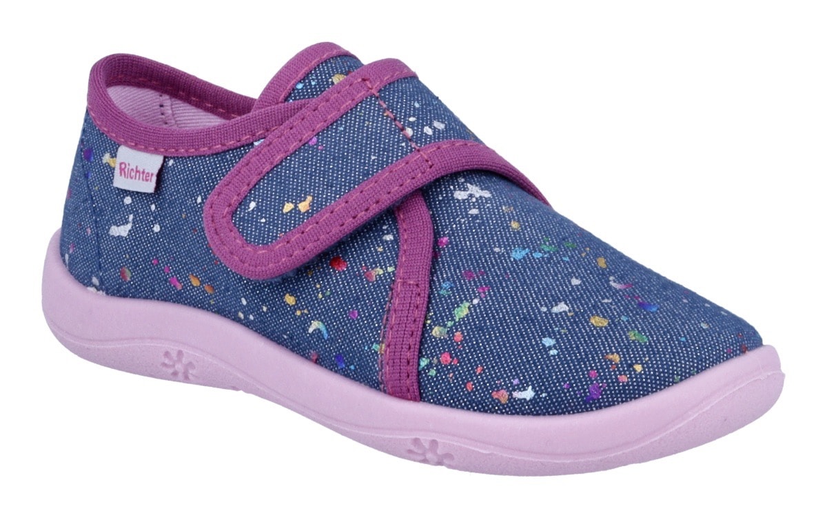 RICHTER Mädchen Hausschuh "Mia WMS: Mittel", Gr. 33, blau, Baumwolle, kontrastfarbene Details, Schuhe, Kindergartenschuhe mit WMS, Größenschablone