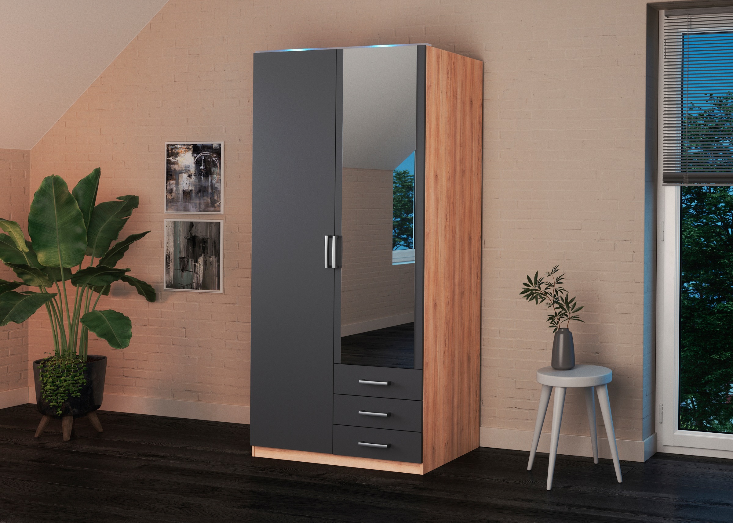 Kleiderschrank PRIESS, B:94cm H:193cm T:56cm, schwarz, Holzwerkstoff, Schlafzimmer, Schränke, "Amsterdam", mit oder ohne LED-Beleuchtung