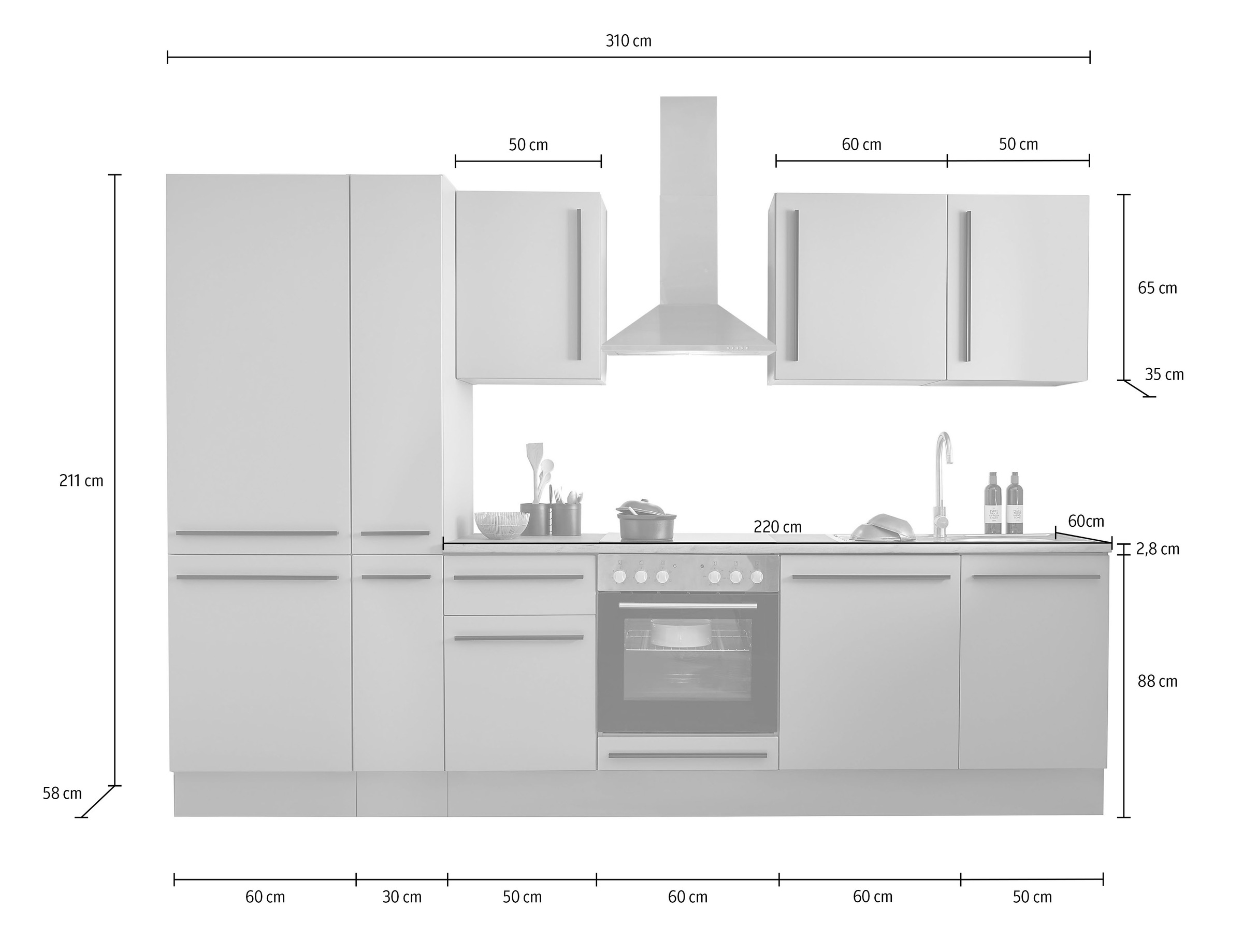 BASIC by Balculina Küchenzeile »Denver, Küche BxHxT 310 x 211 x 60«, Breite 310 cm, wahlweise mit E-Geräten und Induktion