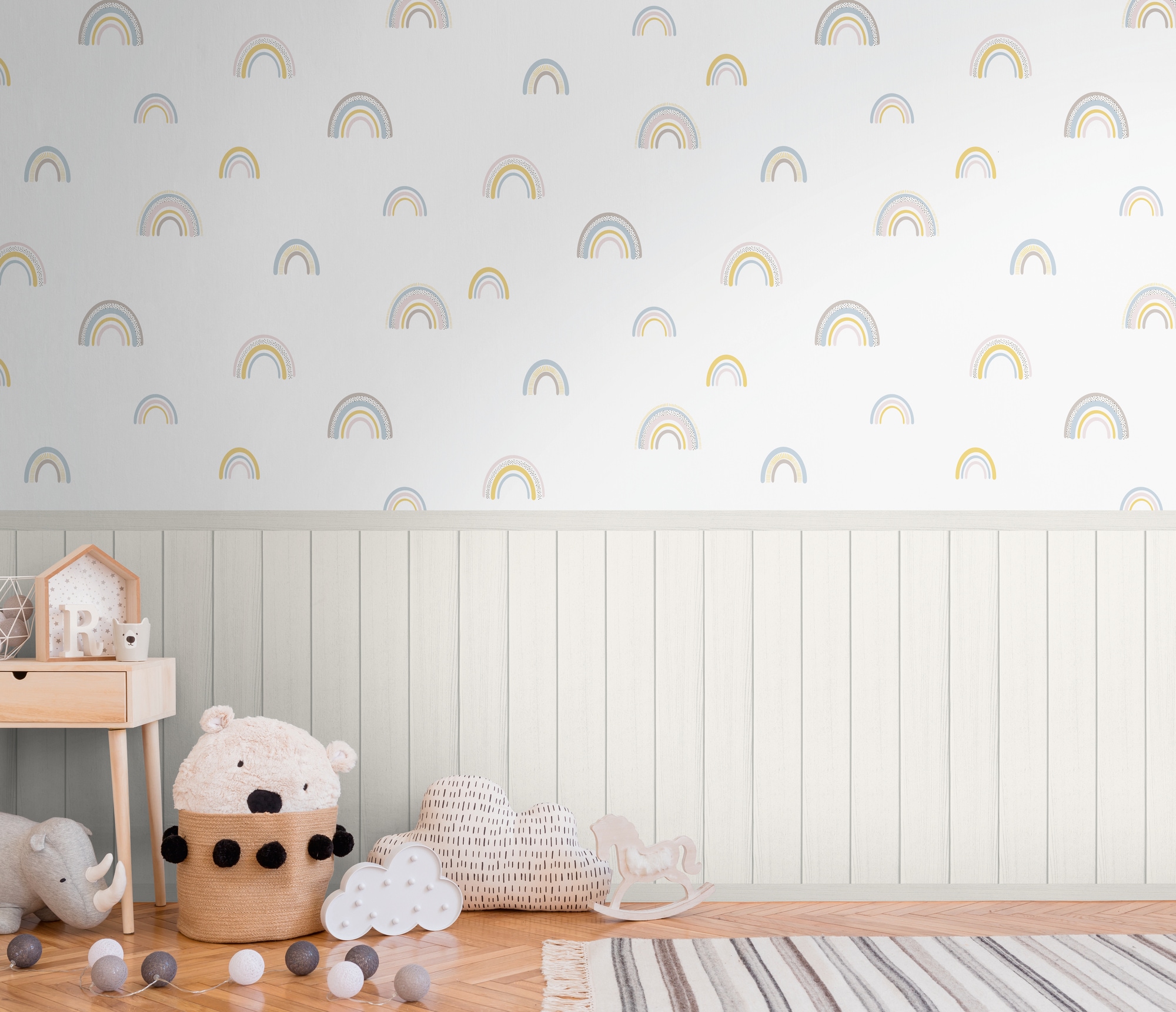 living walls Fototapete "Wallpanel Tapete Wandpaneele Motivtapete Regenbogen Landhaus" matt strukturiert Vliestapete Kinderzimmer für Schlafzimmer Wohnzimmer Wandpaneele Flur
