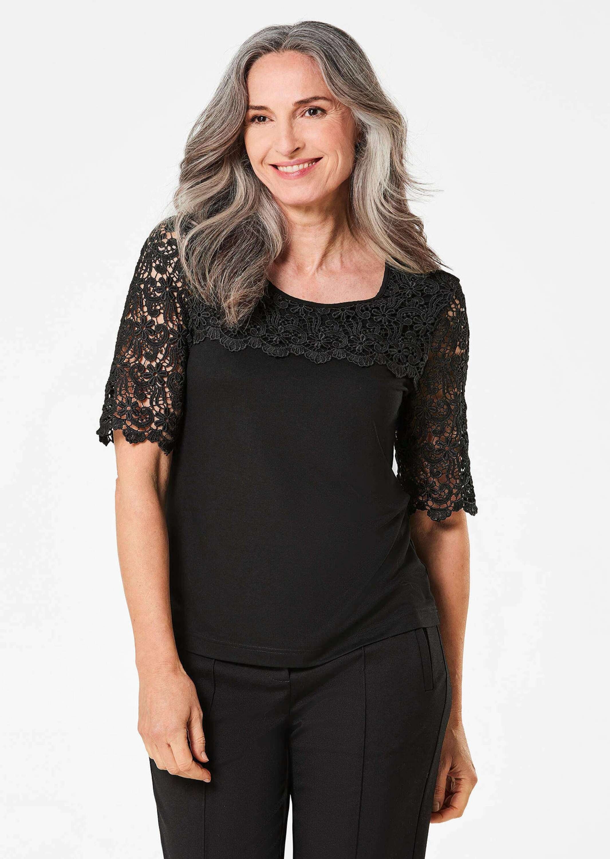 GOLDNER Langarm-Poloshirt "Shirt mit effektvoller Spitze" günstig online kaufen